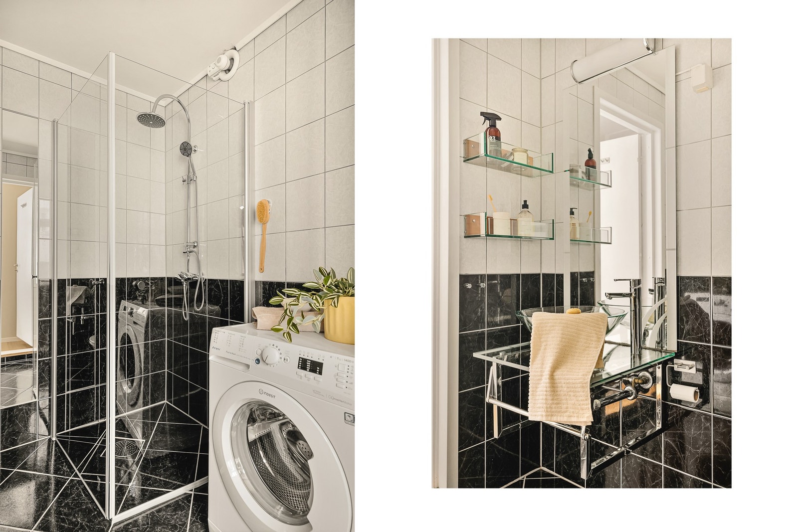 Helfliset bad, med mørke fliser som gir et moderne uttrykk og gjør renholdet enkelt. Galleribilde