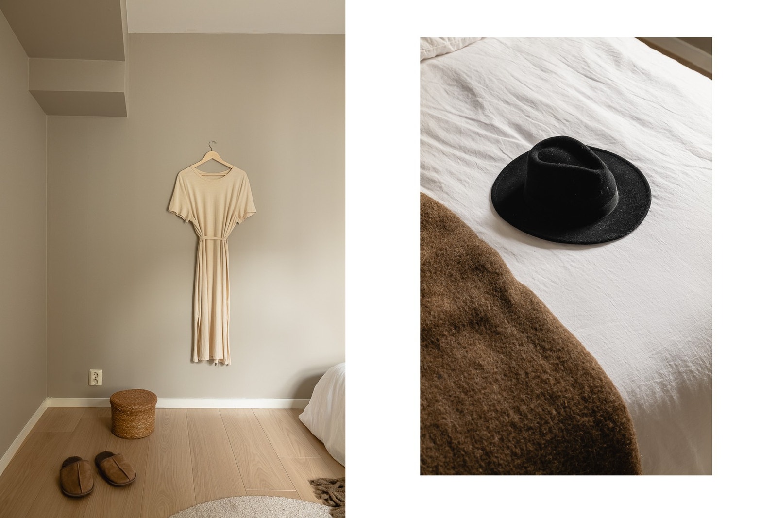 Veggene er gjort i en dus beigefarge, som gir soverommet en behagelig følelse. Galleribilde