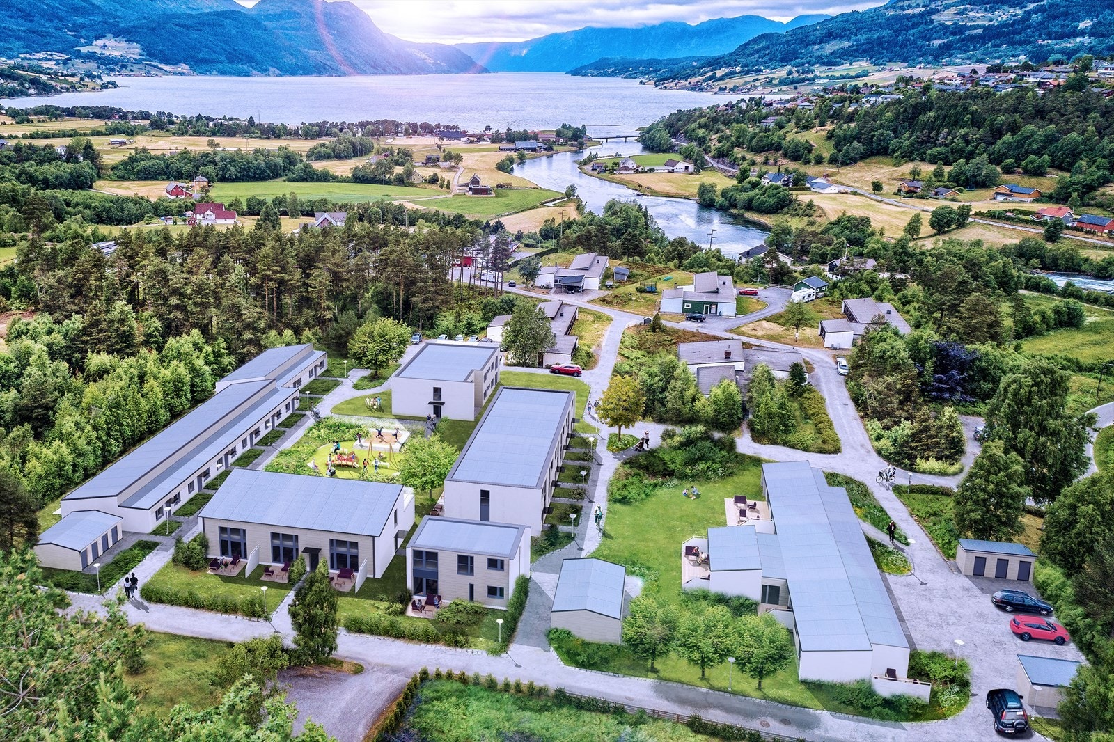 Sameiget har ein attraktiv beliggenhet med kort veg til skule, barnehage, servicetilbod, turterreng mm. Galleribilde