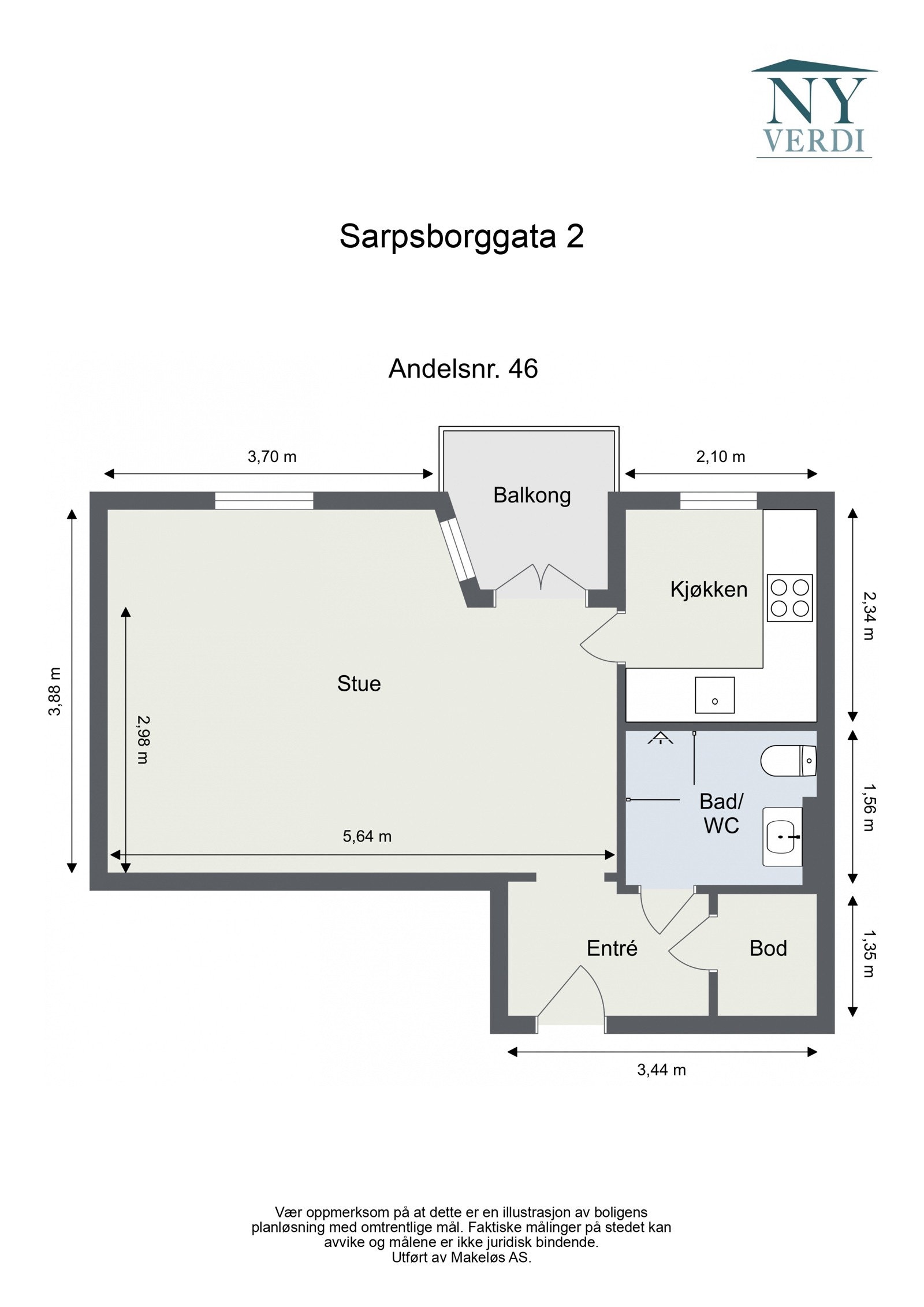 Plantegning 6. etasje. I tillegg har leiligheten tilgang til en loftsbod på ca. 0,35m². Heis i bygget. Galleribilde