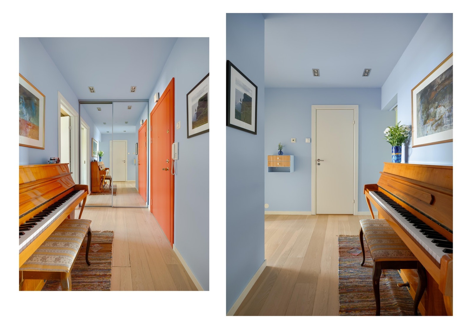 Vi går videre gjennom stuen, forbi kjøkkenet og står nå i entreen. Her finner vi inngangene til de to gjenstående soverommene og badet. Galleribilde