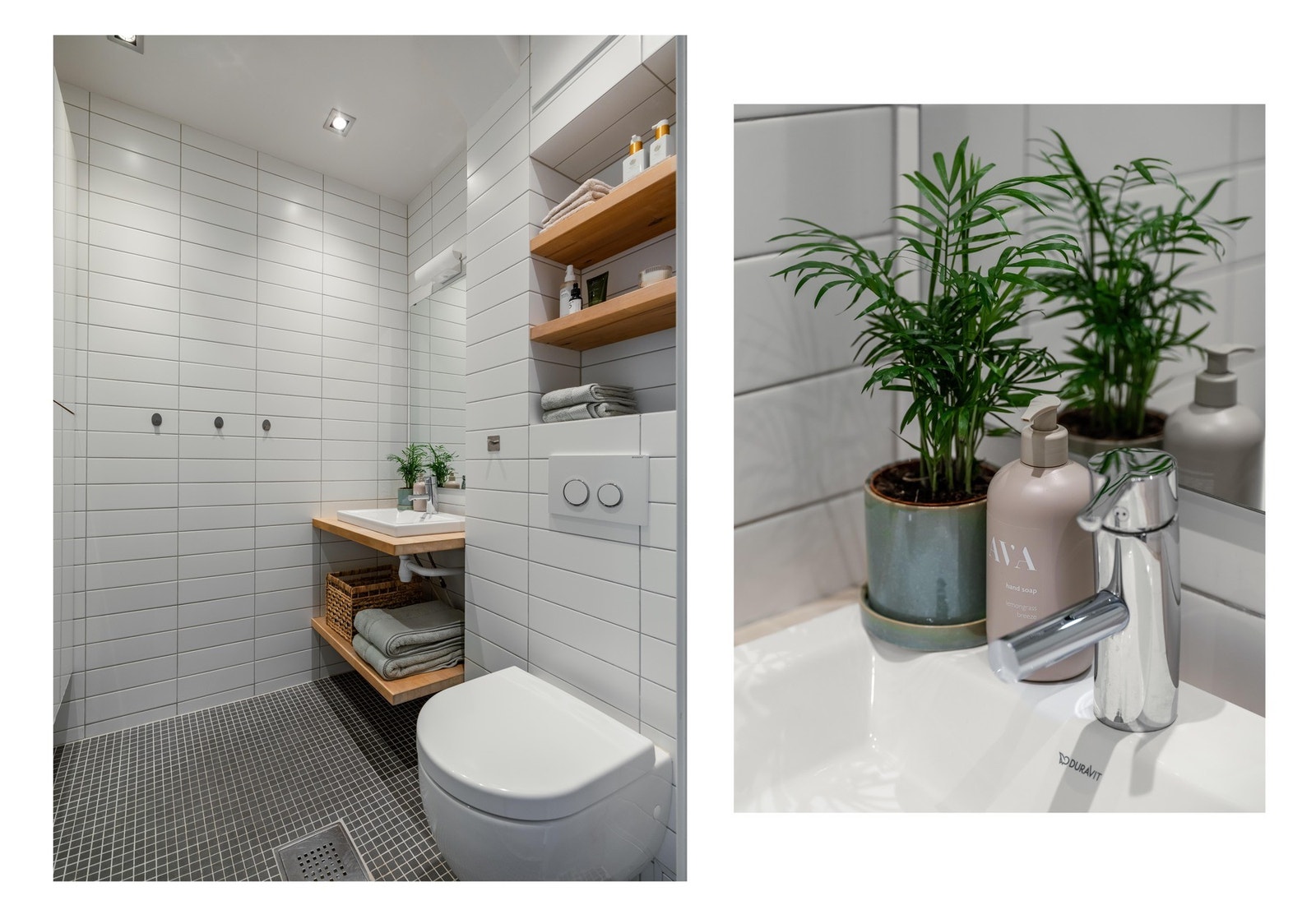 Badet er innredet med nedfelt servant, dusjnisje med glassdør, vegghengt toalett og innfelte hylleløsninger. Galleribilde