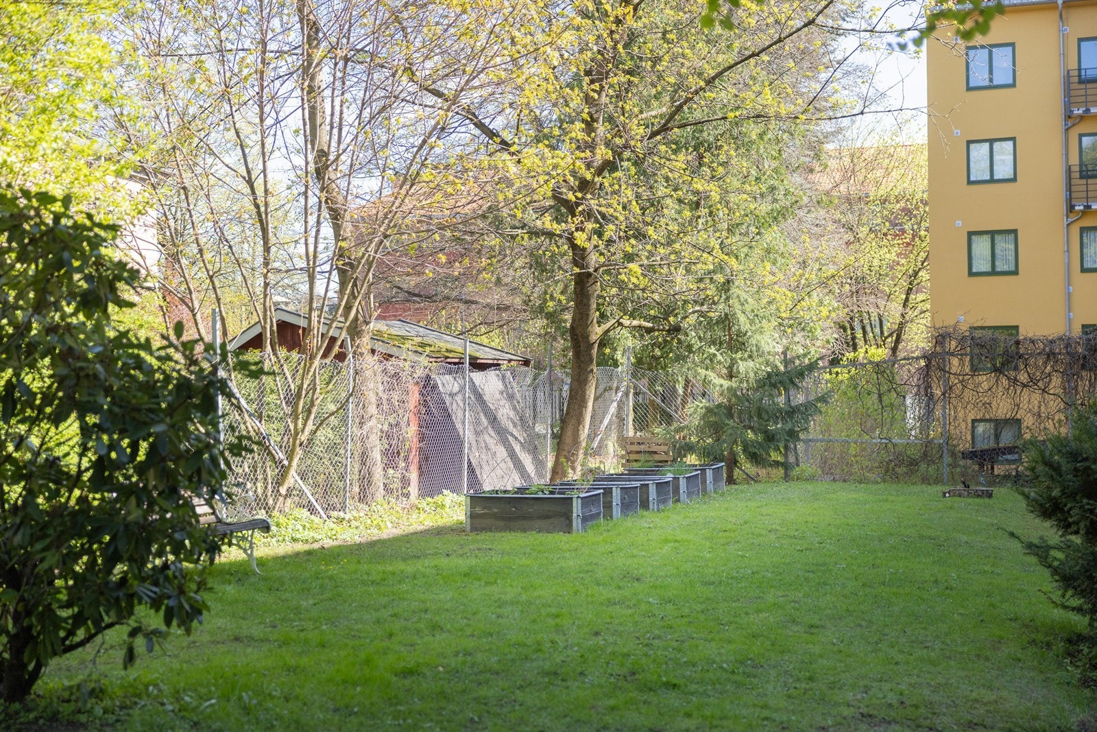 Blant det grønne er det en hellelagt markterrasse med flere sittegrupper, plantekasser og sykkelstativ. Galleribilde