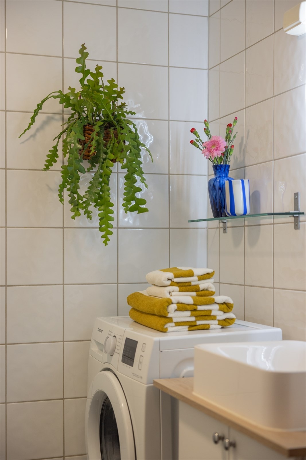 Dusjen er utstyrt med dusjgarnityr med både hånddusj og regnfallsdusj. Opplegg for vaskemaskin, vaskemaskin medfølger. Galleribilde