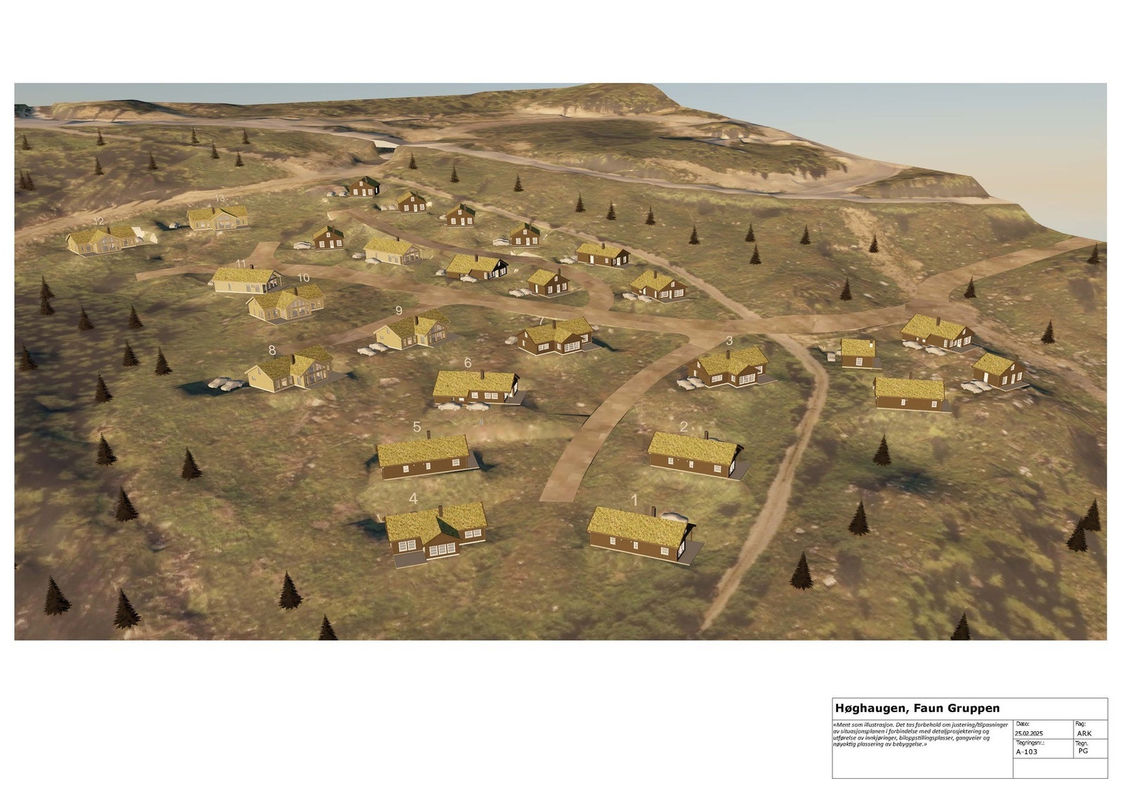 Illustrasjon Høghaugen med hyttemodeller Galleribilde