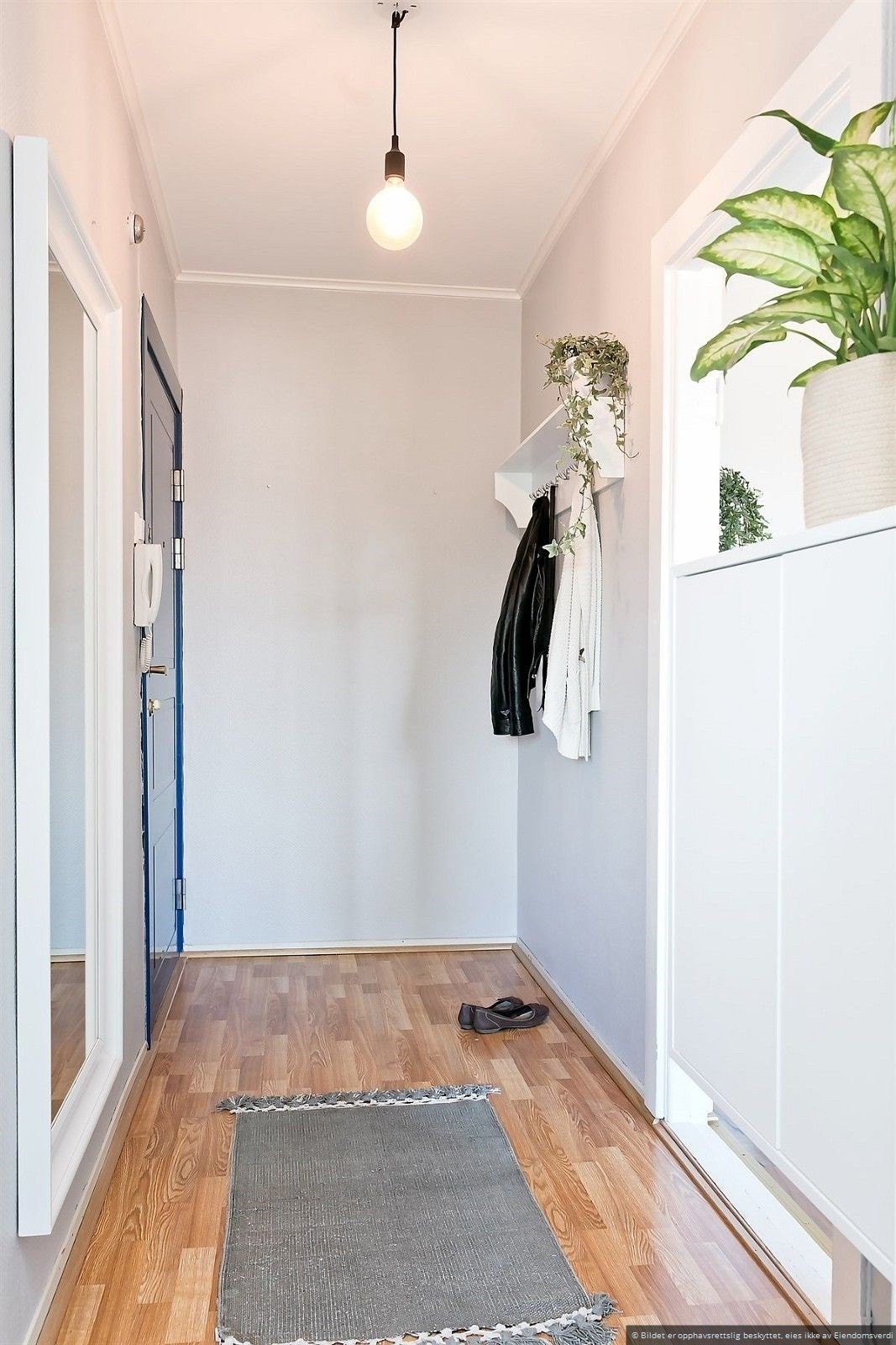 Innbydende entré med klesoppheng og plass til skohylle. Galleribilde