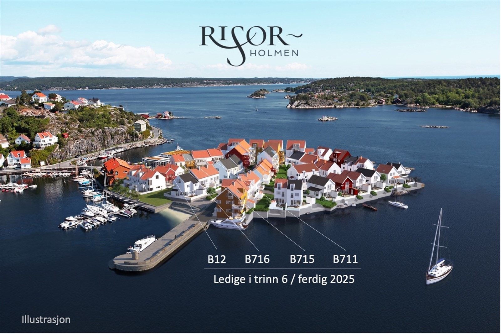 Holmen ligger i Risør havn og er landfast med en liten bro til fastlandet. Galleribilde