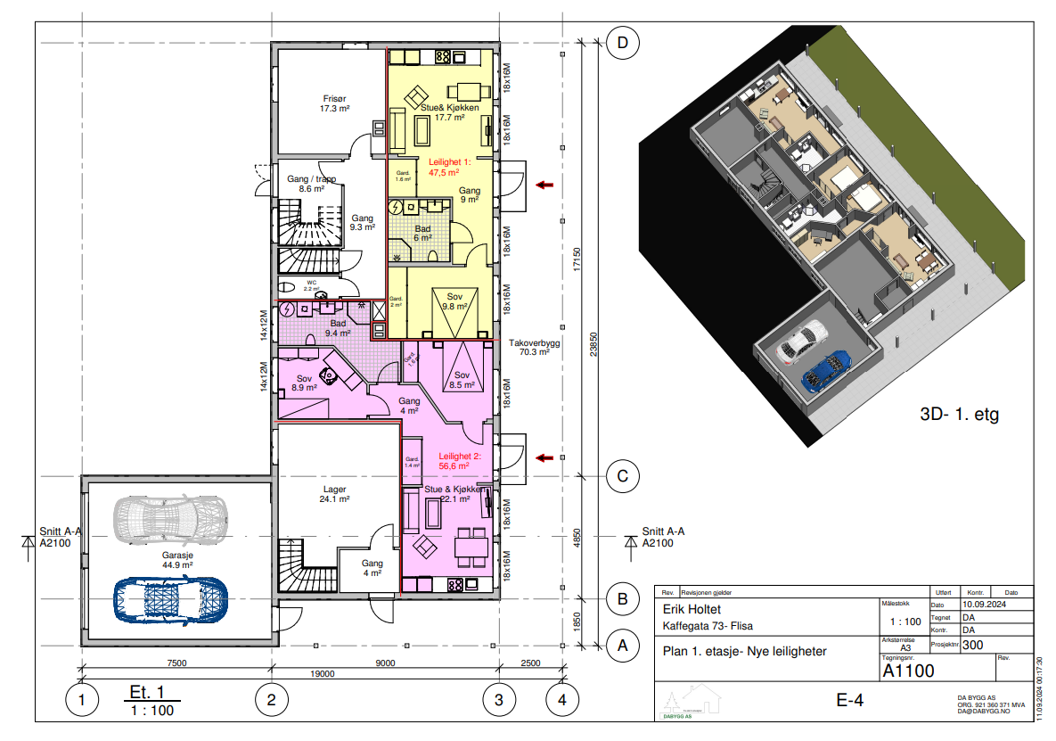 Forslag til nye leiligheter i første etasje i næringsseksjonen. Galleribilde