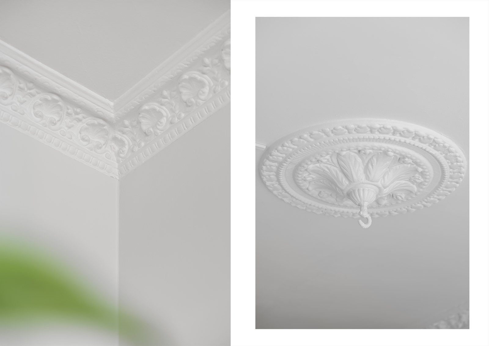 Leiligheten har lekre detaljer som stukkatur og rosett i tak. Galleribilde