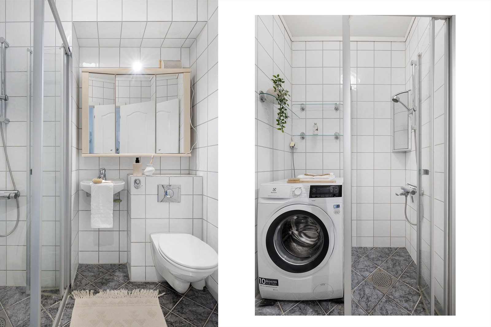 Badet har elektrisk gulvvarme og er utstyrt med dusjvegg, servant, veggmontert wc og opplegg for vaskemaskin. Galleribilde