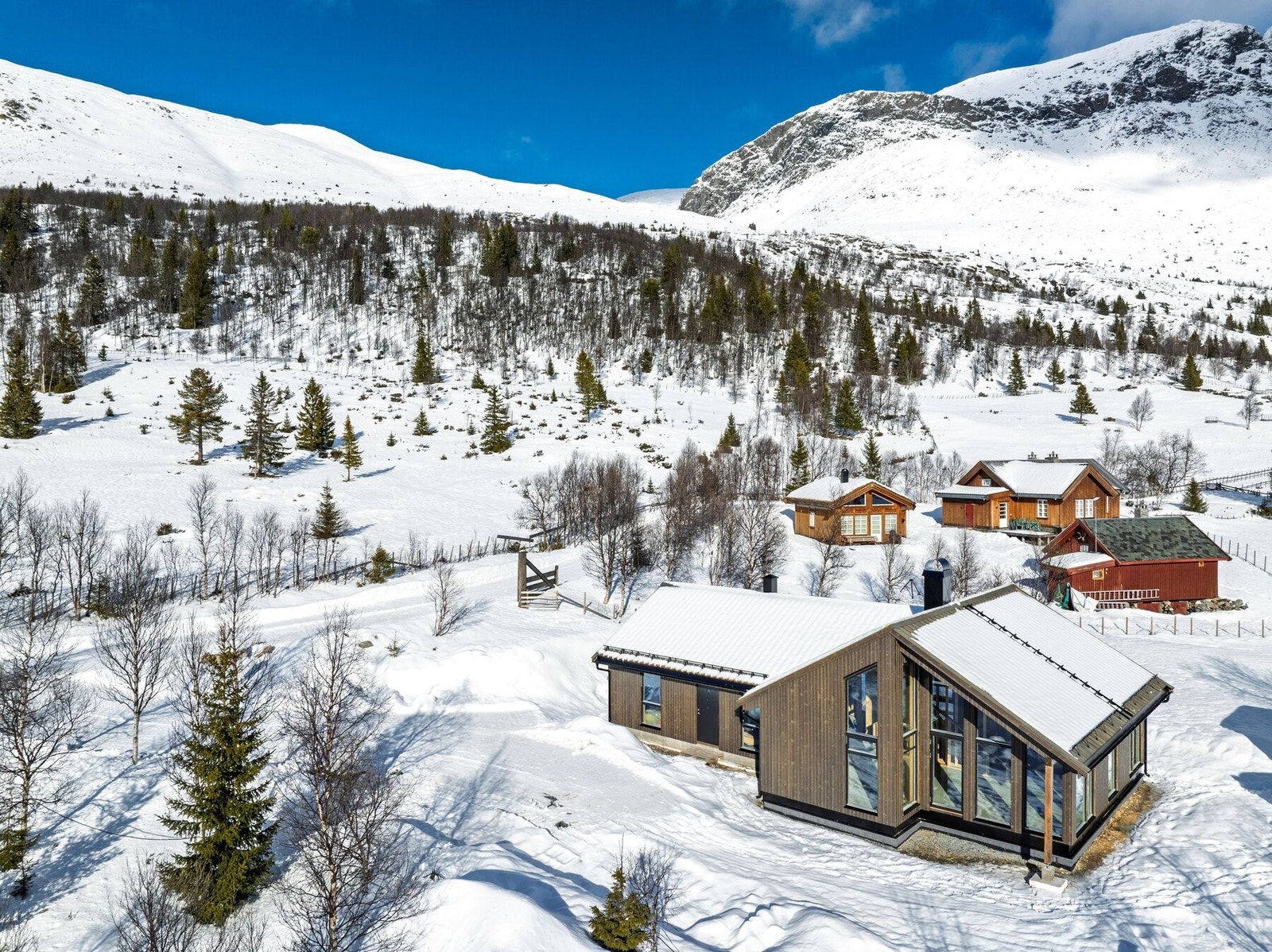 Her får du en moderne hytte med store vinduer. Galleribilde