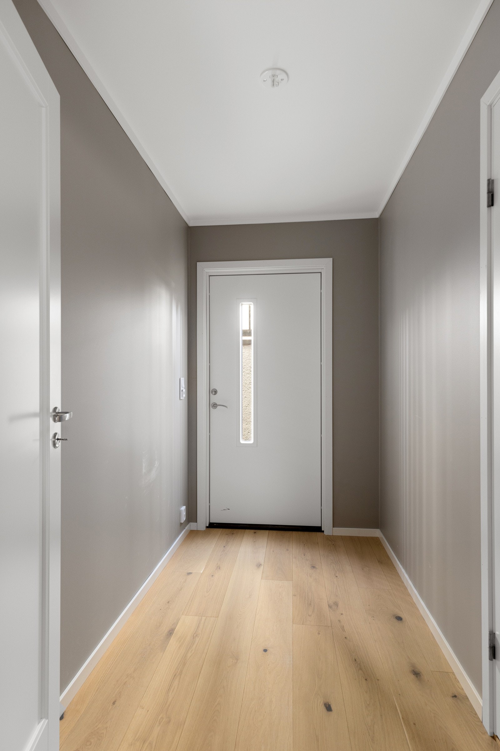 Kjelleretasjen har egen inngang og en lys, innbydende entré med parkettgulv, gulvvarme og malte overflater. Galleribilde