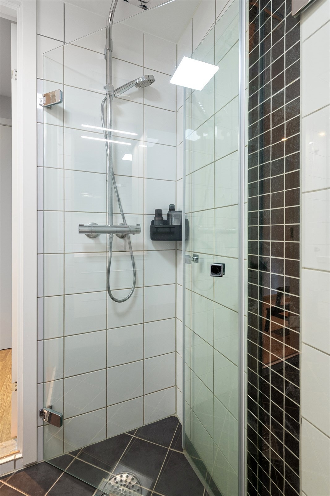 I dusjsonen er det glassdører som gir et åpent og luftig preg. Disse kan foldes inn som gir bedre plass Galleribilde