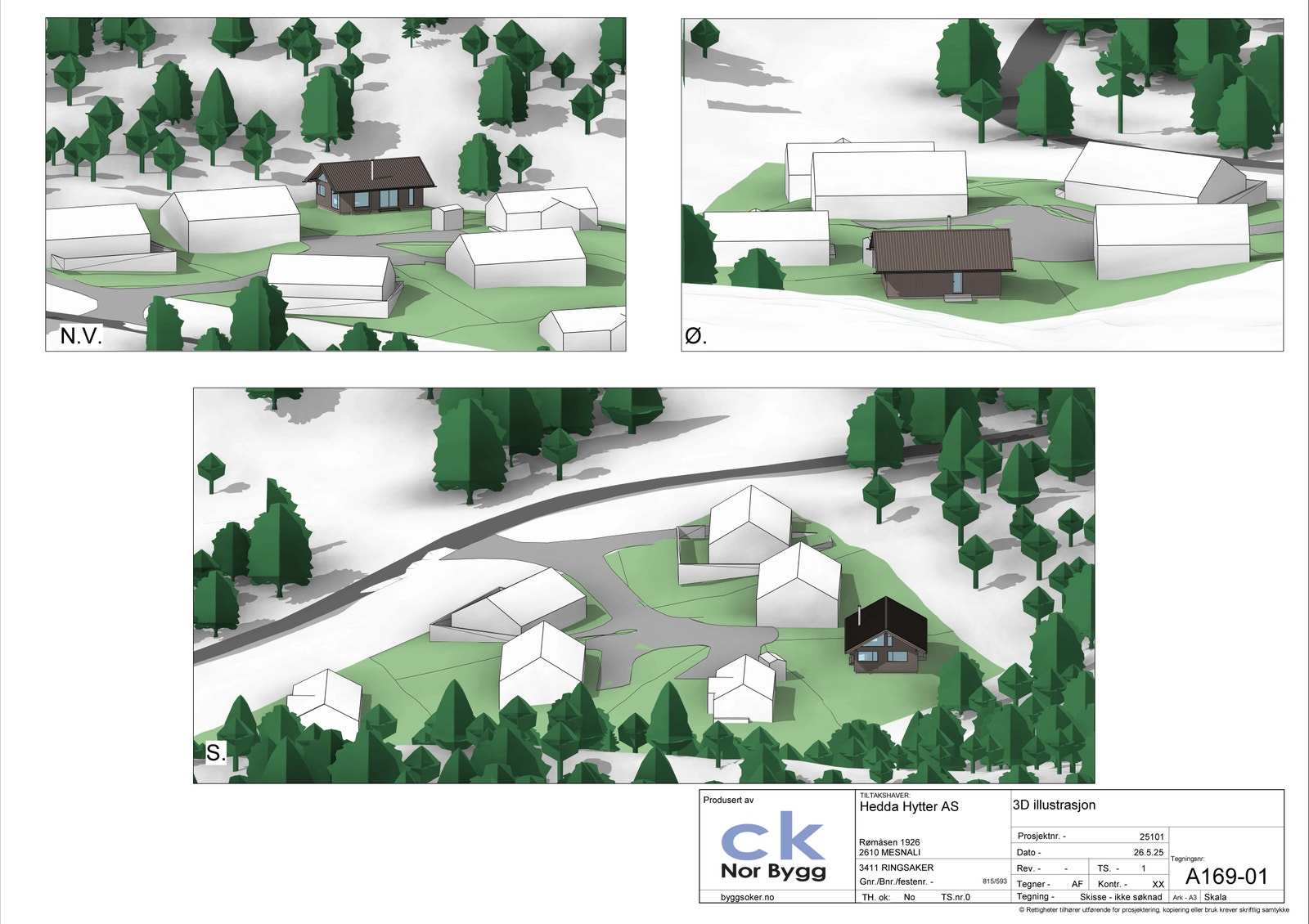 Hytta sett fra Nordvest, øst og sør.
OBS Hedvig-hyttene på feltet har samme størrelse som prosjektert her. Galleribilde