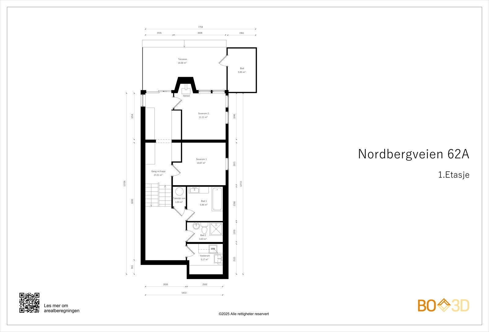2 soverom, stor hall med garderobe og utgang til marktrrasse på 17 kvm og hage, allrom, 2 bad og eget vaskerom i de to nedre etasjeplan. Galleribilde