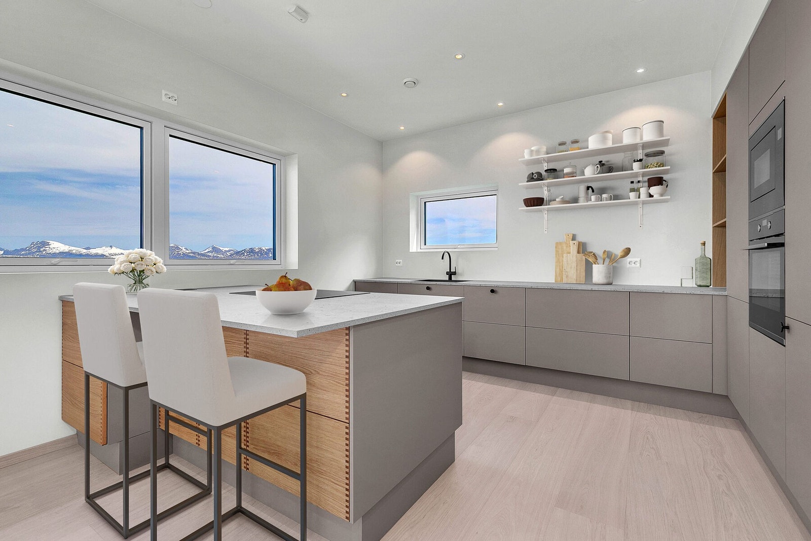 Lekkert kjøkken fra Aubo med integrerte hvitevarer og kjøkkenøy (Bildet er digitalt møblert) Galleribilde