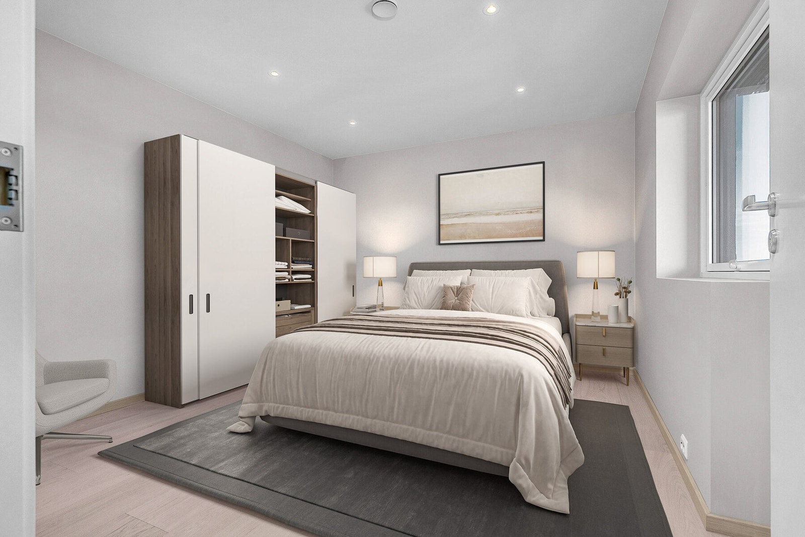 Romslig hovedsoverom med utgang til terrasse. Bildet er digitalt møblert Galleribilde