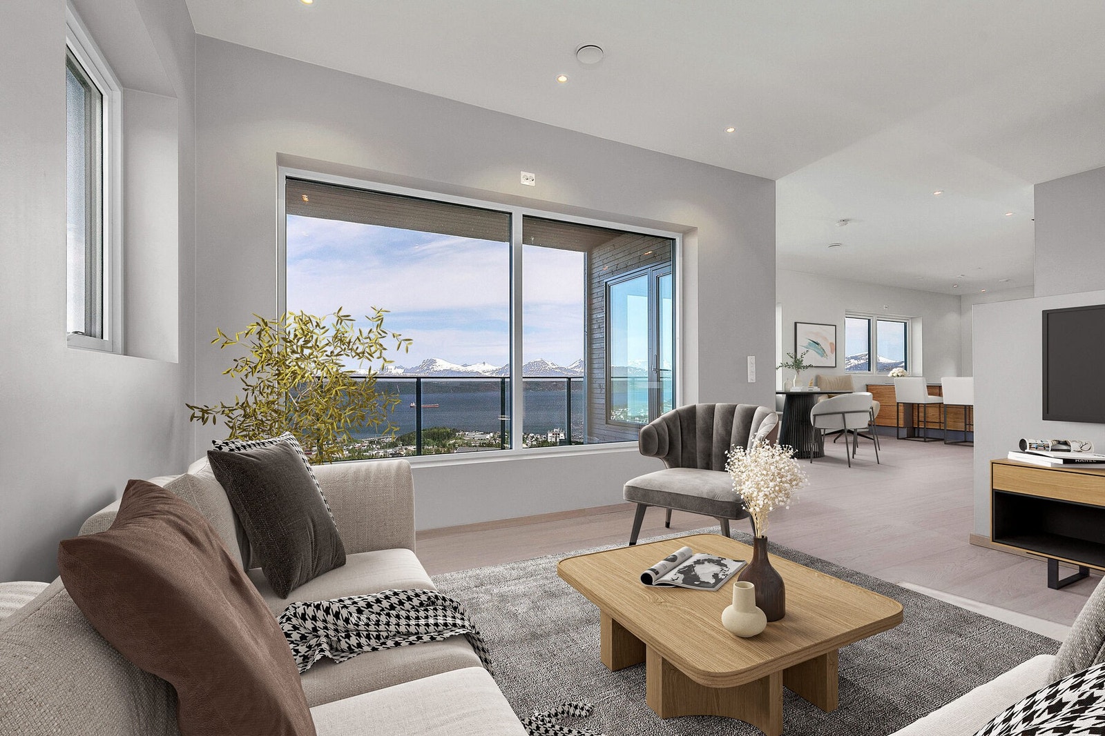 Sofa-gruppen i egen sone av stuen. (Bildet er digitalt møblert) Galleribilde