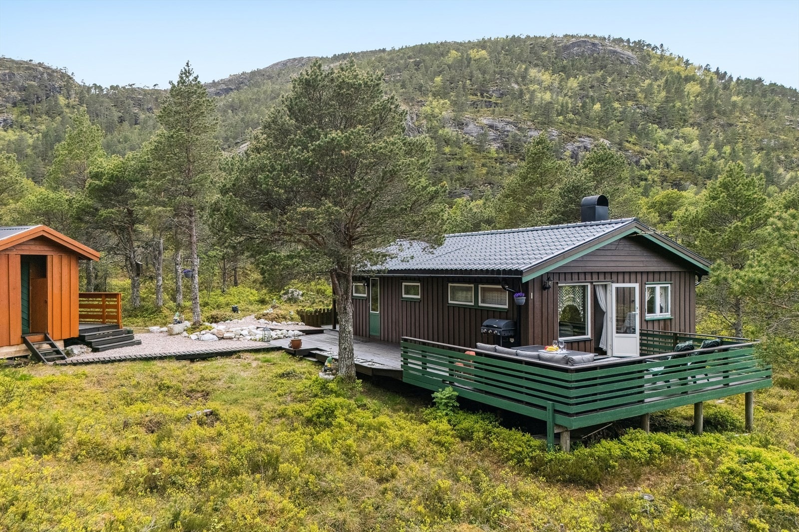 Hytta har en skjermet beliggenhet med kort vei ned til båt, brygge og naust. Galleribilde