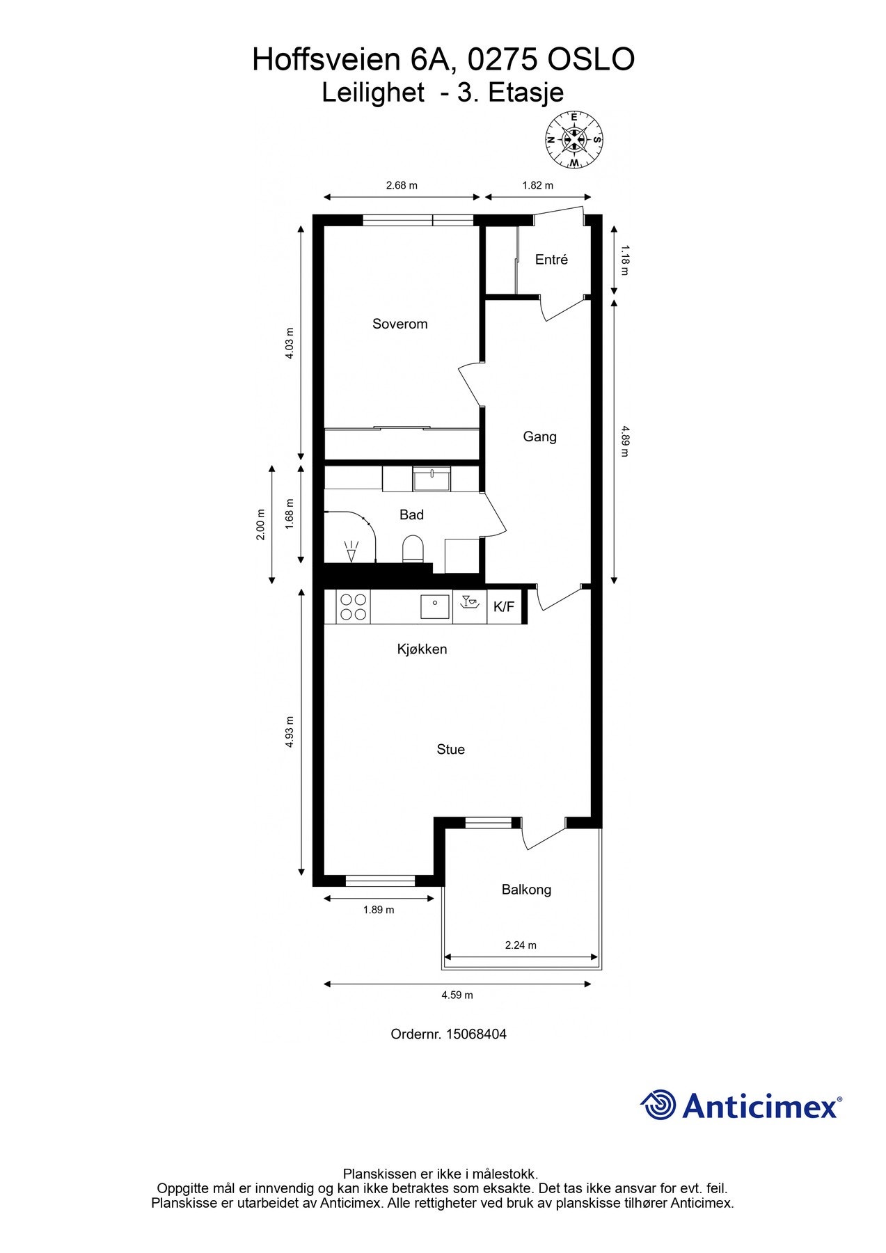 Plantegning. Leiligheten har en ideell planløsning bestående av entré, gang, stue/kjøkken, soverom og bad. Utgang fra stue til balkong på 5 kvm. Galleribilde