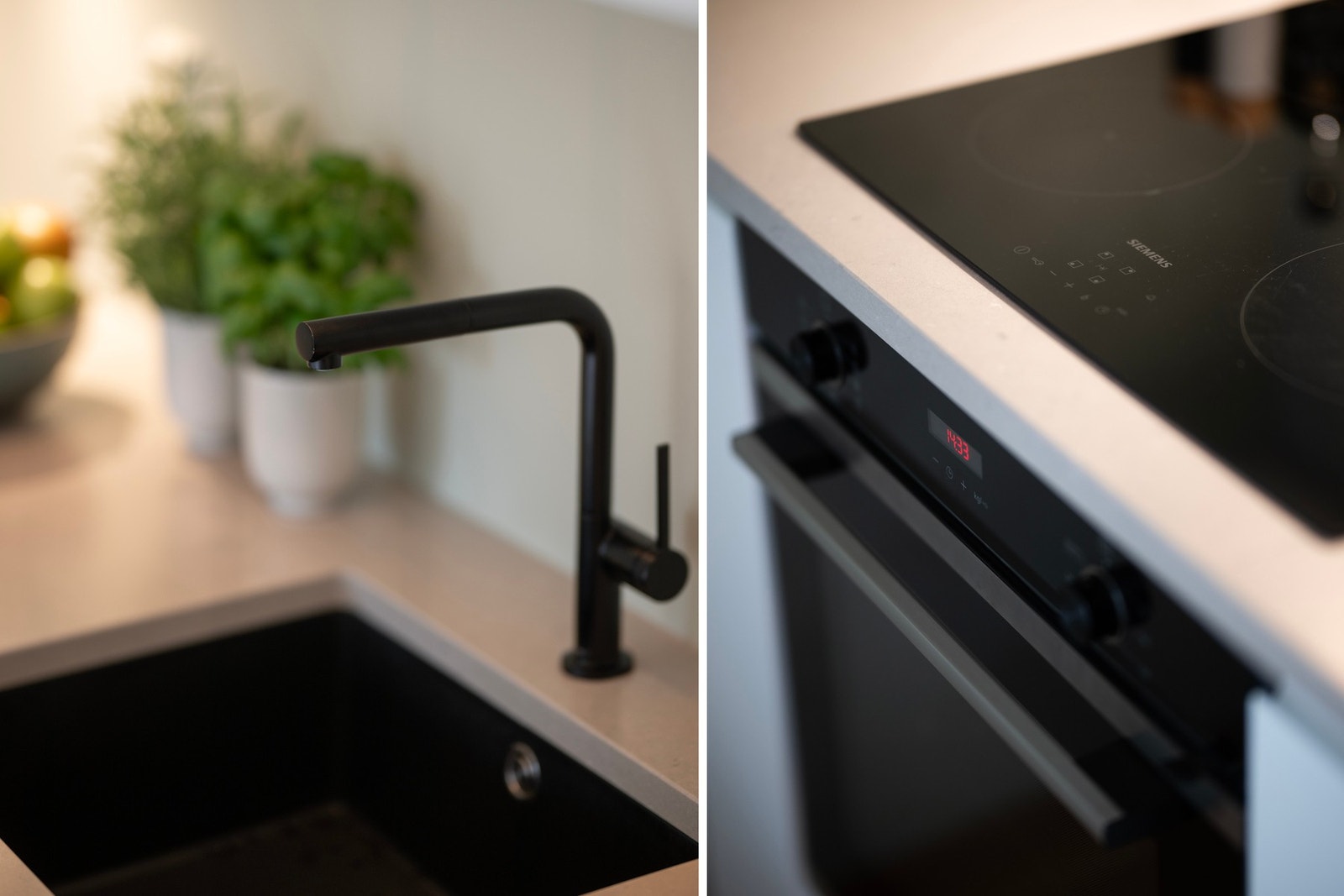 Et kjøkken som kombinerer moderne den med høy funksjonalitet med integrerte hvitevarer som stekeovn, platetopp, oppvaskmaskin og kjøleskap med fryser. Galleribilde