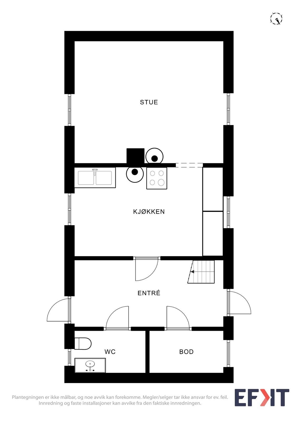 La oss ta en titt på plantegningen før vi beveger oss videre i bildene. Det er etablert to vedovner i bua. Galleribilde