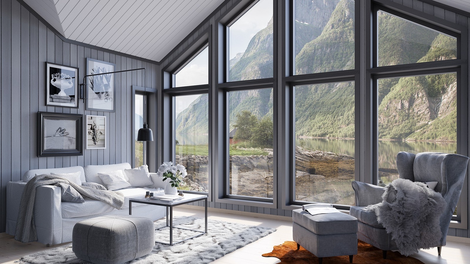 Illustrasjon av stua til hytta Blomsterenga fra Norgeshus. Avvik kan forekomme. Galleribilde