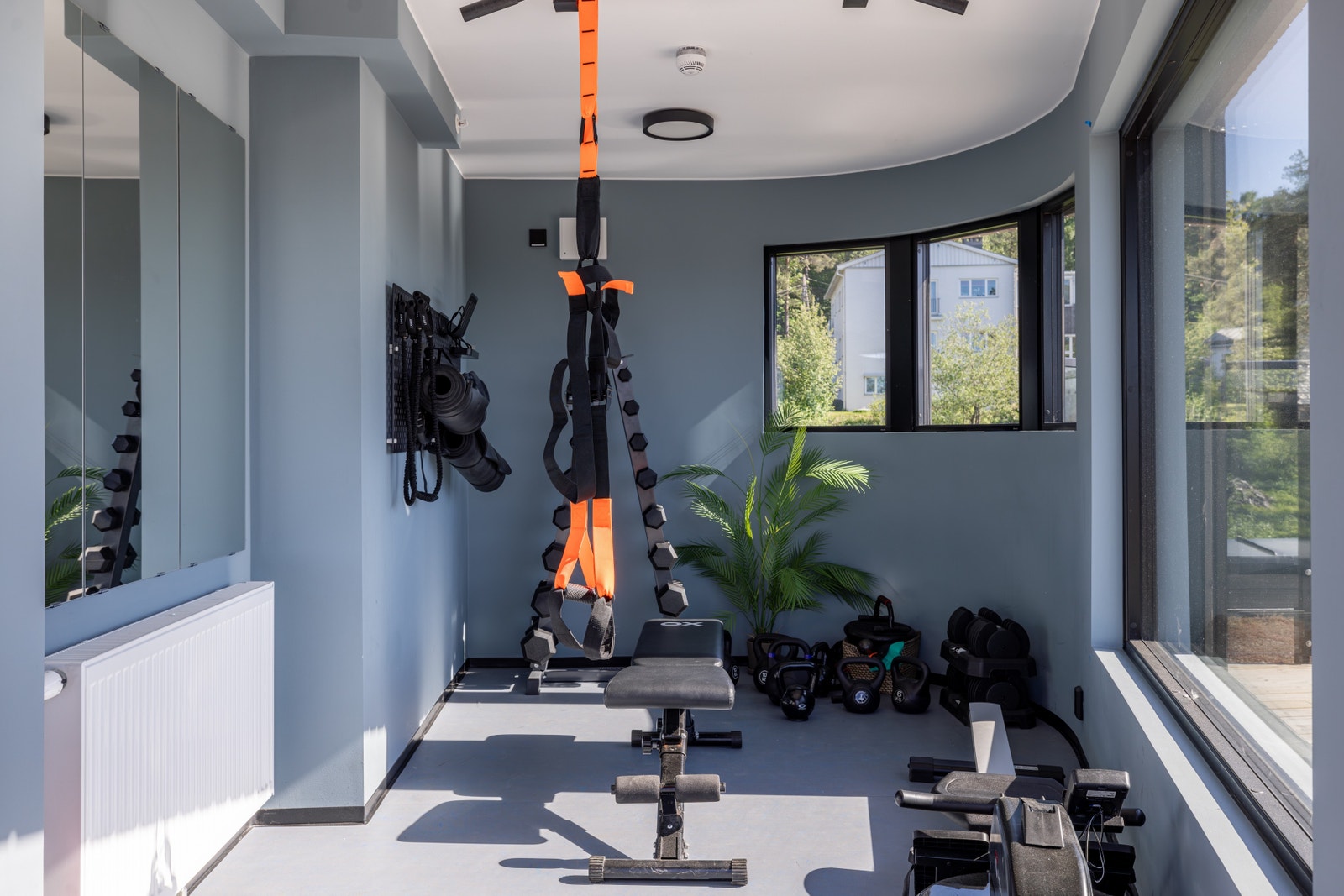 Treningsrom med manualer, romaskin og pullup bar Galleribilde