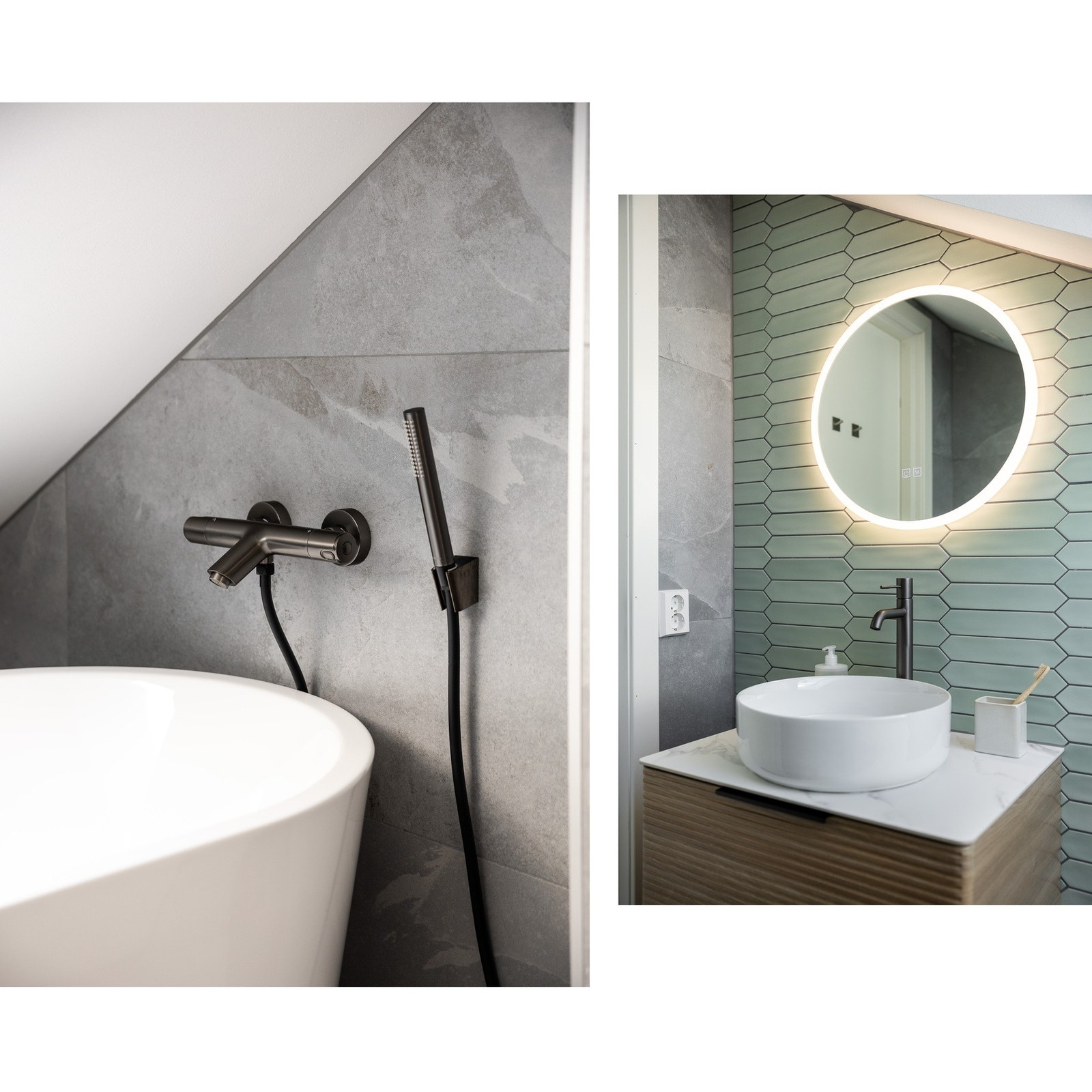 adet er innredet med vegghengt servantinnredning, overliggende servant, speil på vegg med lys og varme, frittstående badekar, samt vegghengt toalett med innebygd sisterne. Galleribilde