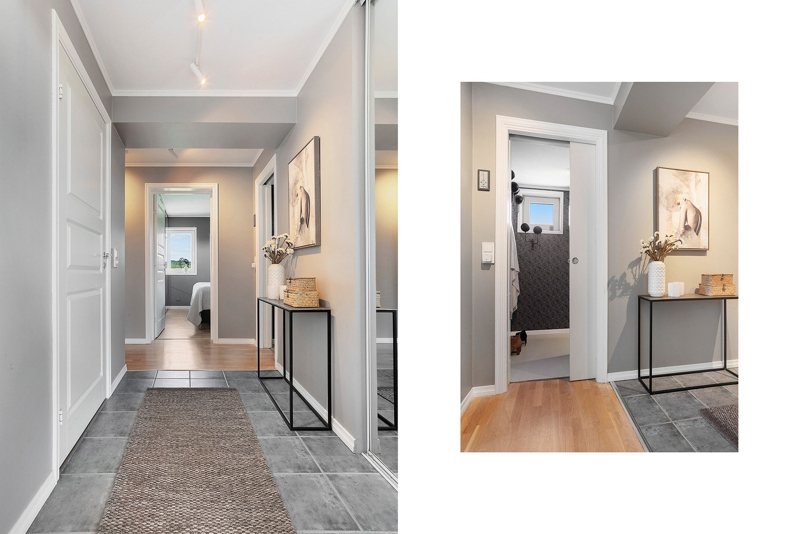 Entre/ Hall Flislagt gulv og skyvedørsgarderobe med speilfronter Galleribilde