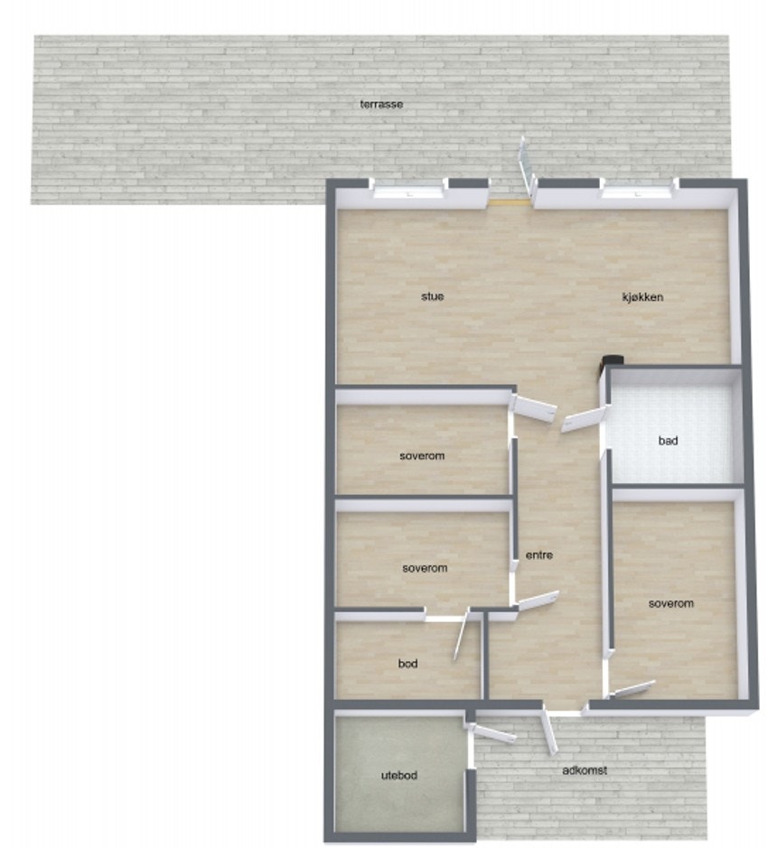 Boligen byr på: entré, gang, 3 soverom, bad, stue/kjøkken og bod/teknisk rom. Galleribilde