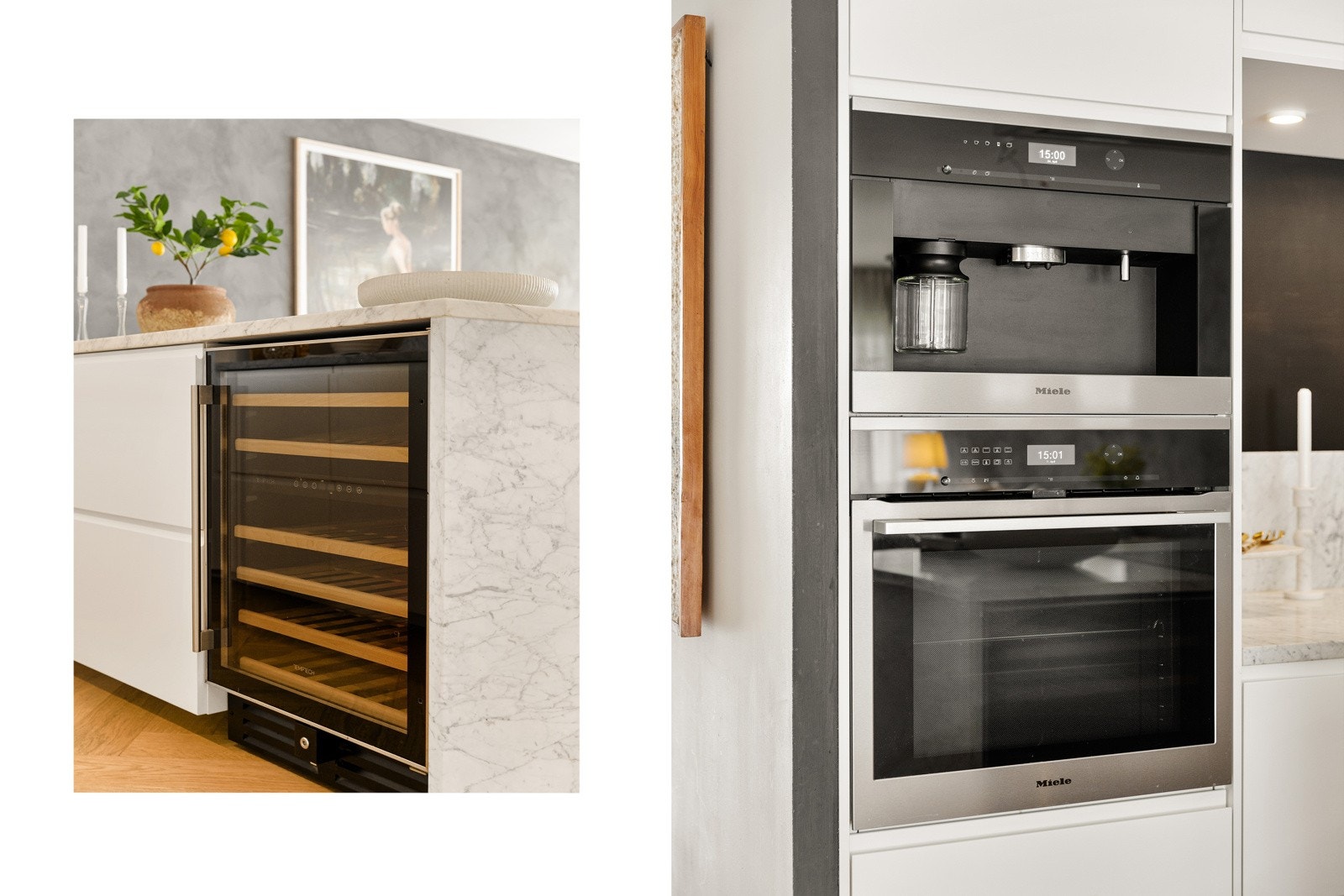 Integrerte hvitevarer inkluderer induksjonsplatetopp, stekeovn, oppvaskmaskin, kaffemaskin, vinskap samt kjøle- og fryseskap. Galleribilde