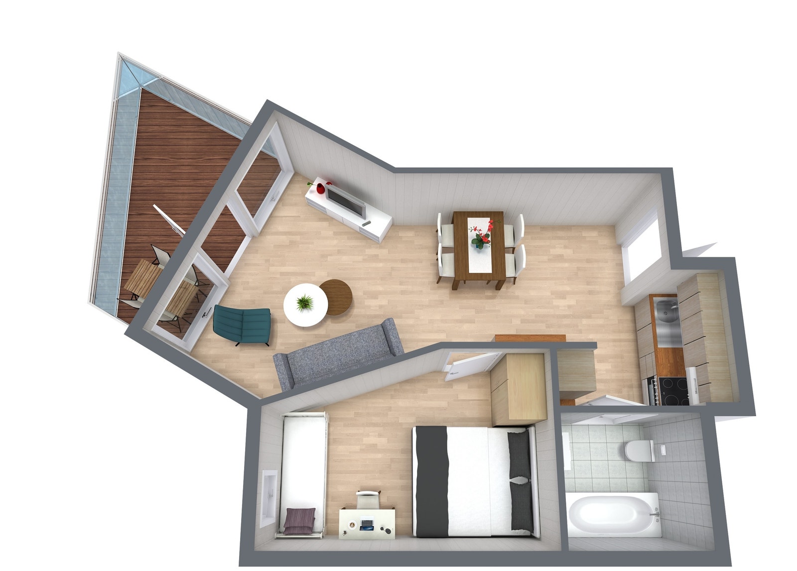 Praktisk planløsning med direkte utgang til overbygd terrasse fra kjøkken og stue. Galleribilde