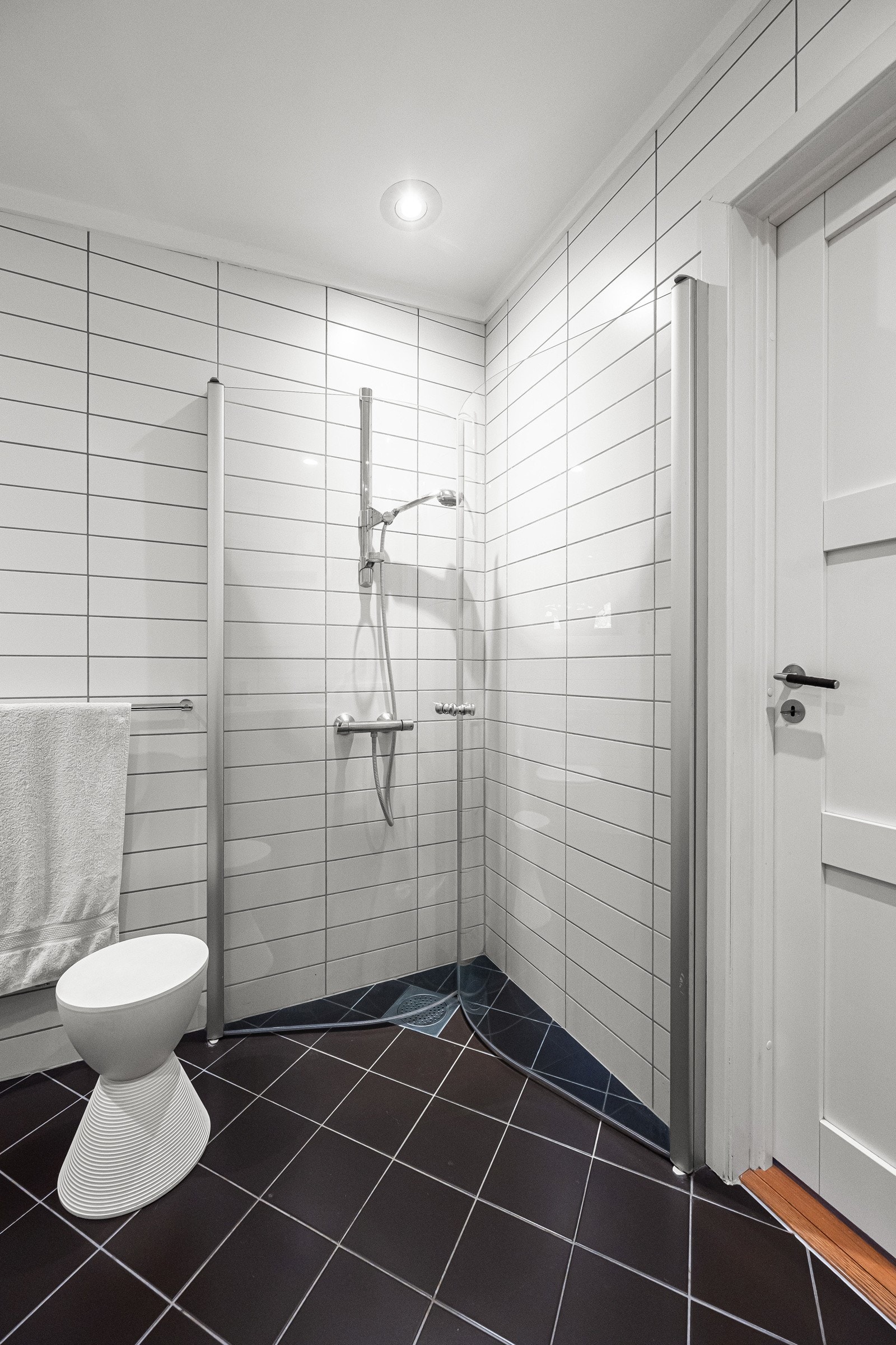 Dusjhjørne med buede dusjdører og hånddusj Galleribilde