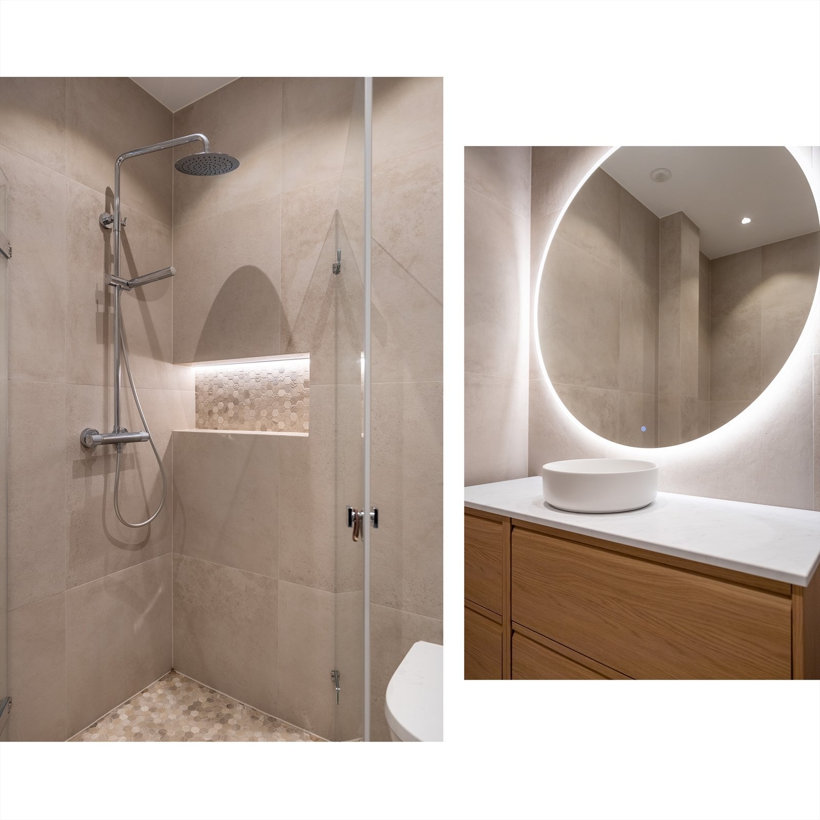 Badet har dusjnisje med regnfallsdusj, vegghengt wc, speil med lys og servant med skuffer. Galleribilde