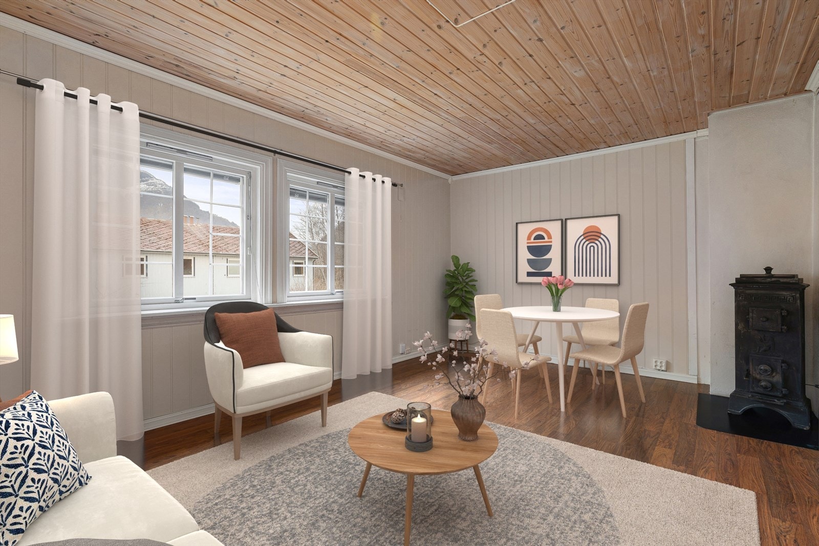 Romsleg stove med plass til både spisebord og sittegruppe. Galleribilde