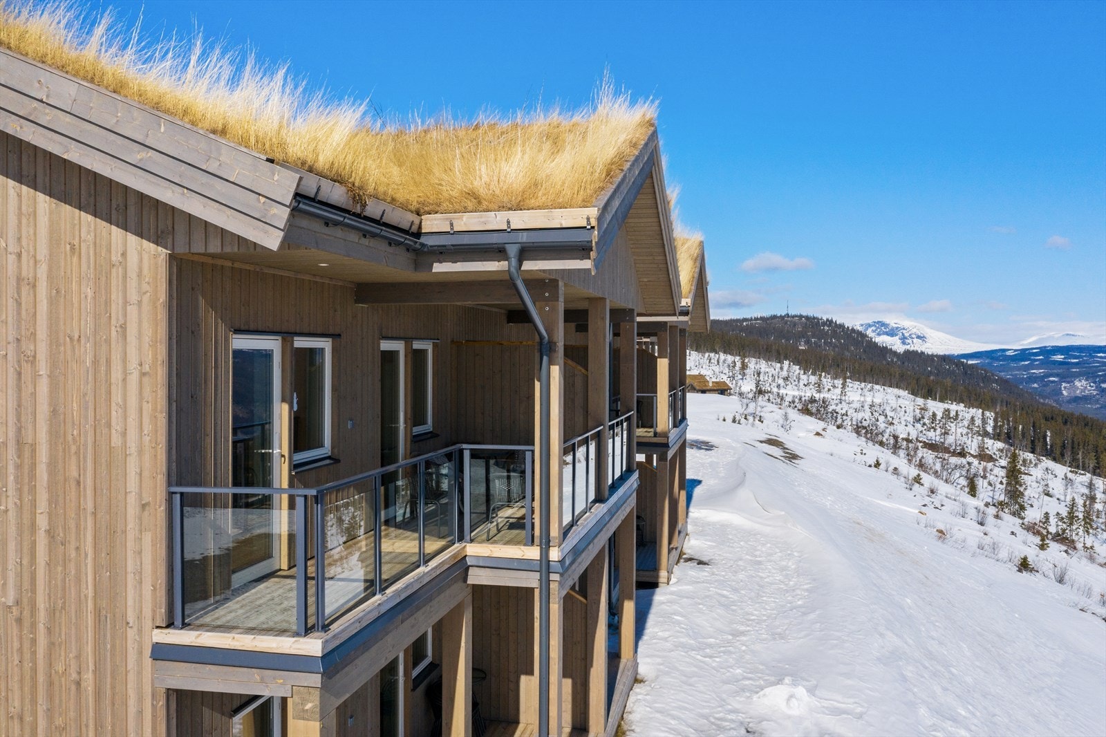 Fra verandaen har man også utsikt innover mot Golsfjellet samt Skogshorn i Hemsedal. Galleribilde