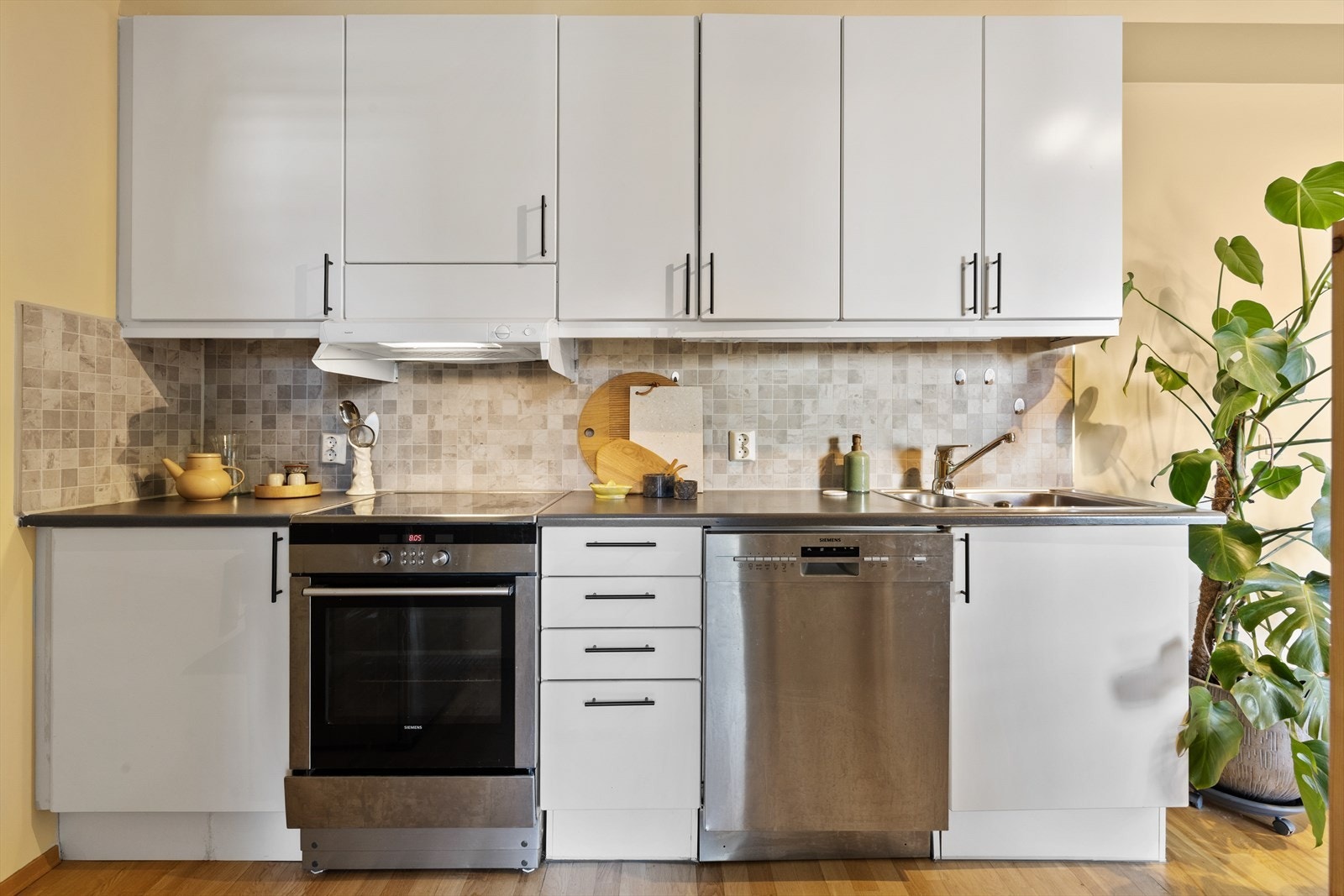 Funksjonell kjøkkeninnredning fra 2009 gir plass til både komfyr og oppvaskmaskin Galleribilde