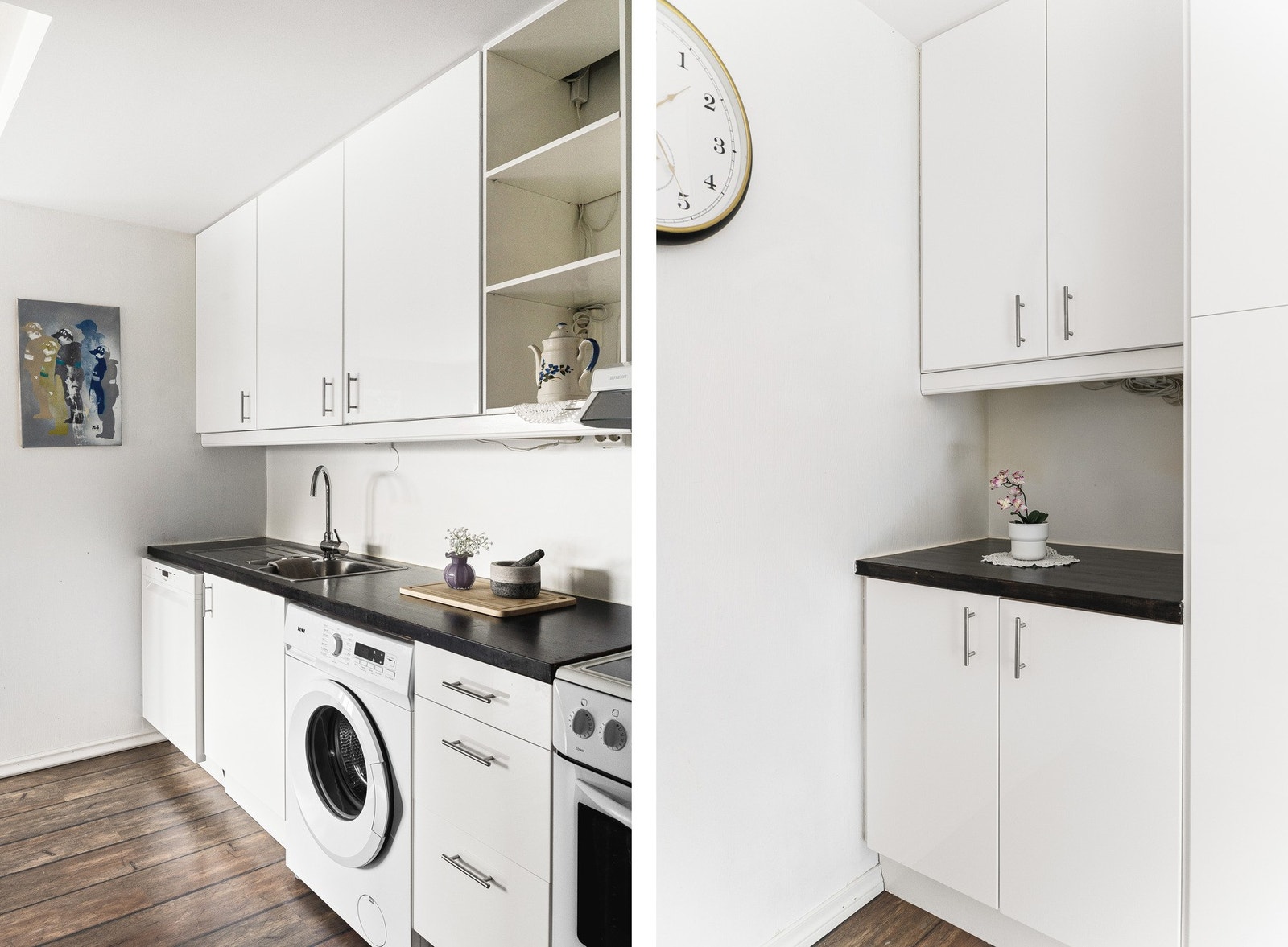 Kjøkkeninnredning har slette fronter og benkeplate av laminat med nedfelt vask av stål. Galleribilde