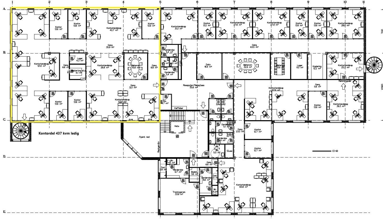 Kontordel på 437 kvm ledig, egen inngang til avdeling. Galleribilde