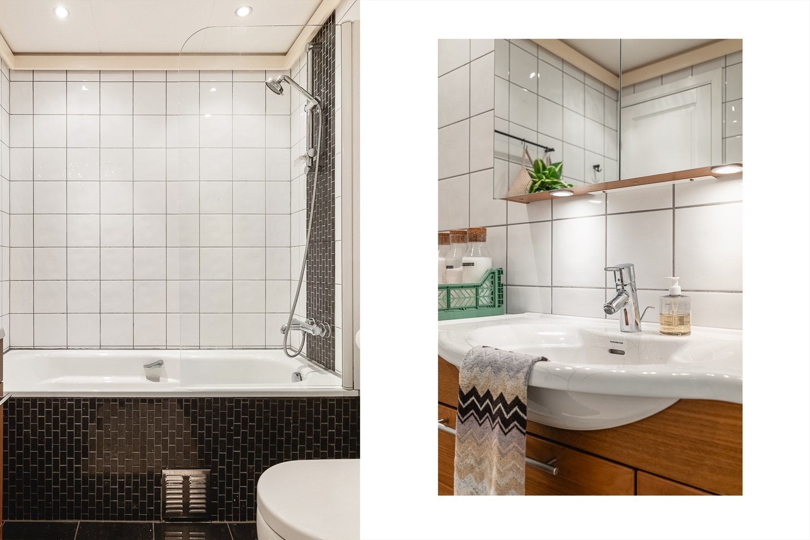 Badet har innredning med nedfelt servant, veggmontert toalett, badekar, dusjvegger/hjørne og opplegg for vaskemaskin. Galleribilde