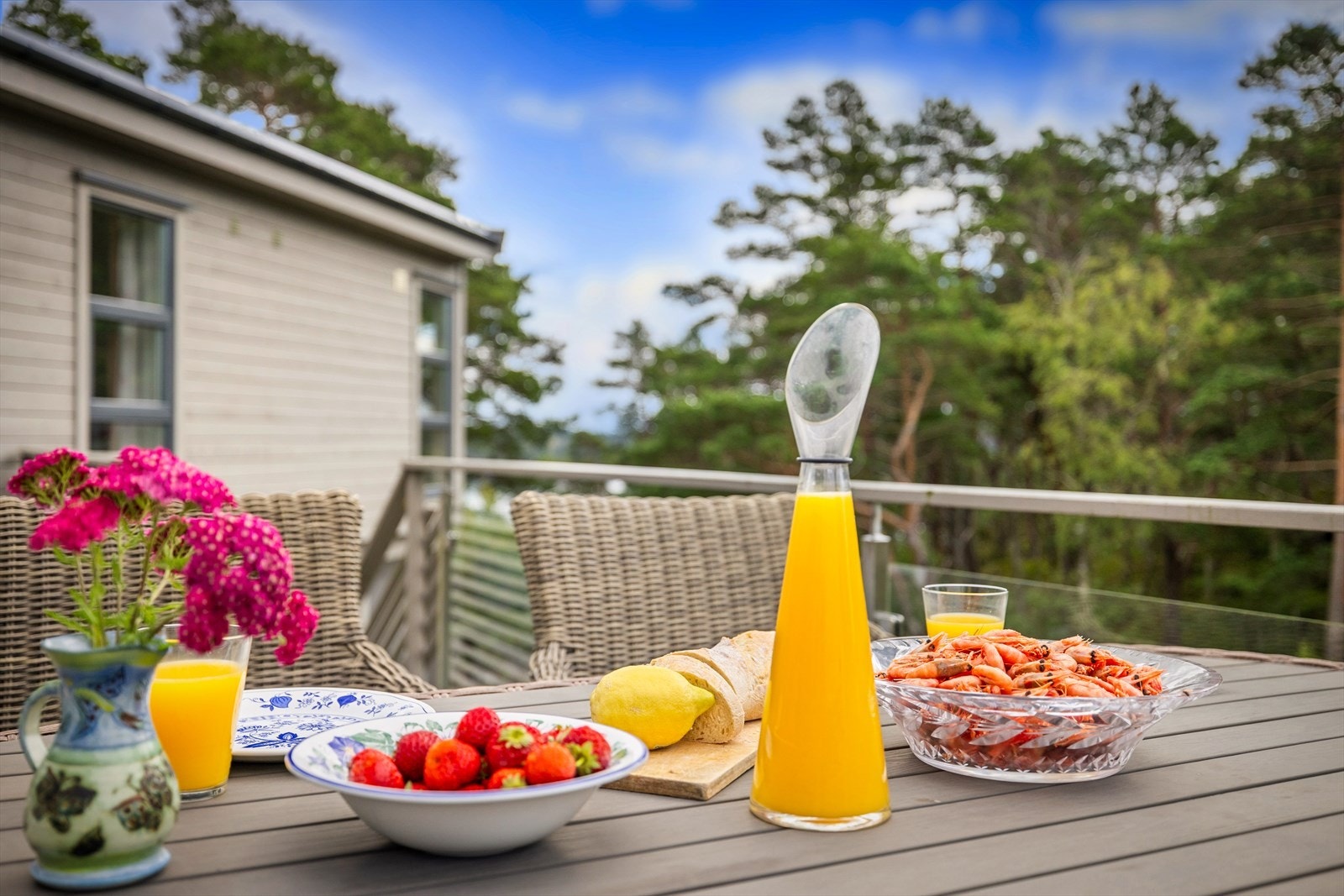 Nyt frokost på solrik terrasse med vakker utsikt over skogen. Galleribilde