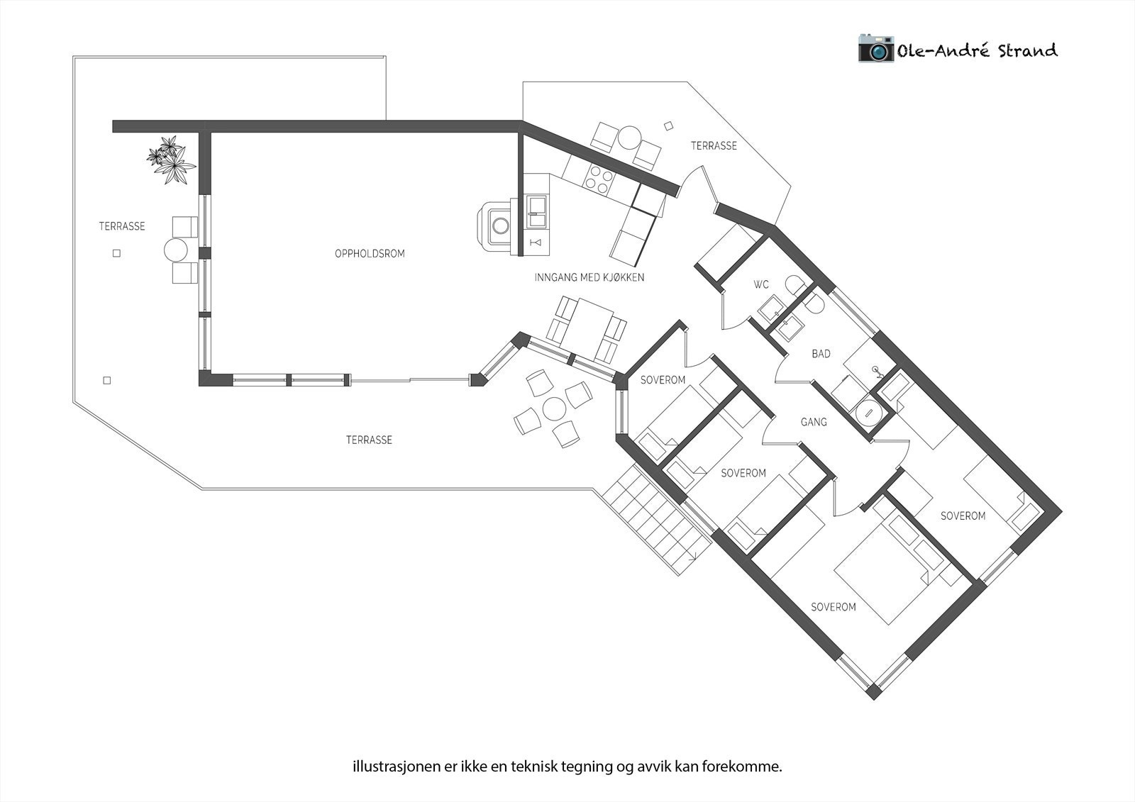Romslig bolig med fire soverom, åpen stue/kjøkken-løsning, flere terrasser og praktisk inngang. Perfekt for familier og sosiale sammenkomster. Galleribilde
