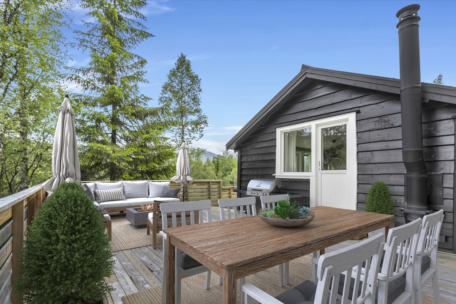 Her kan man enkelt innrede med flere sittegrupper og annet terassemøblement. Terrassen er digitalt stylet for å vise muligheter. Bildet er digitalt stylet. Galleribilde