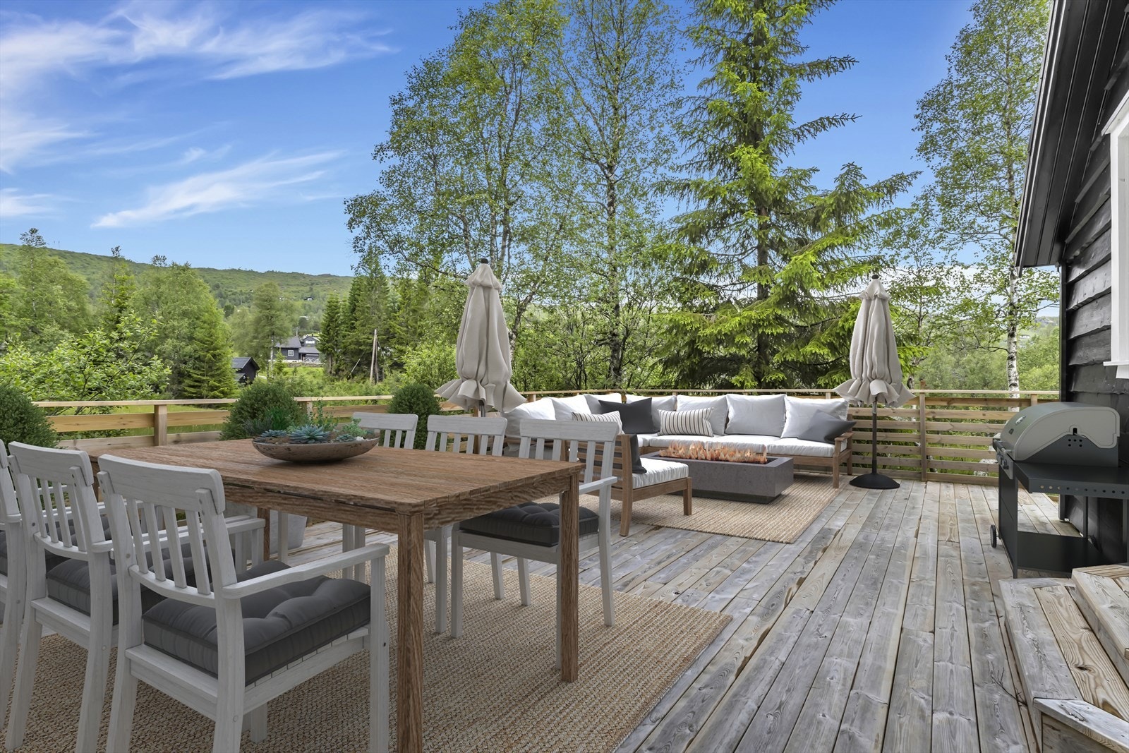 Perfekt plass for å samle familien rundt bålpannen på vinterstid eller middag ute på godværsdager. Terrassen er i dag umøblert derfor er den digitalt stylet for å vise mulighetene. Bildet er digitalt stylet. Galleribilde