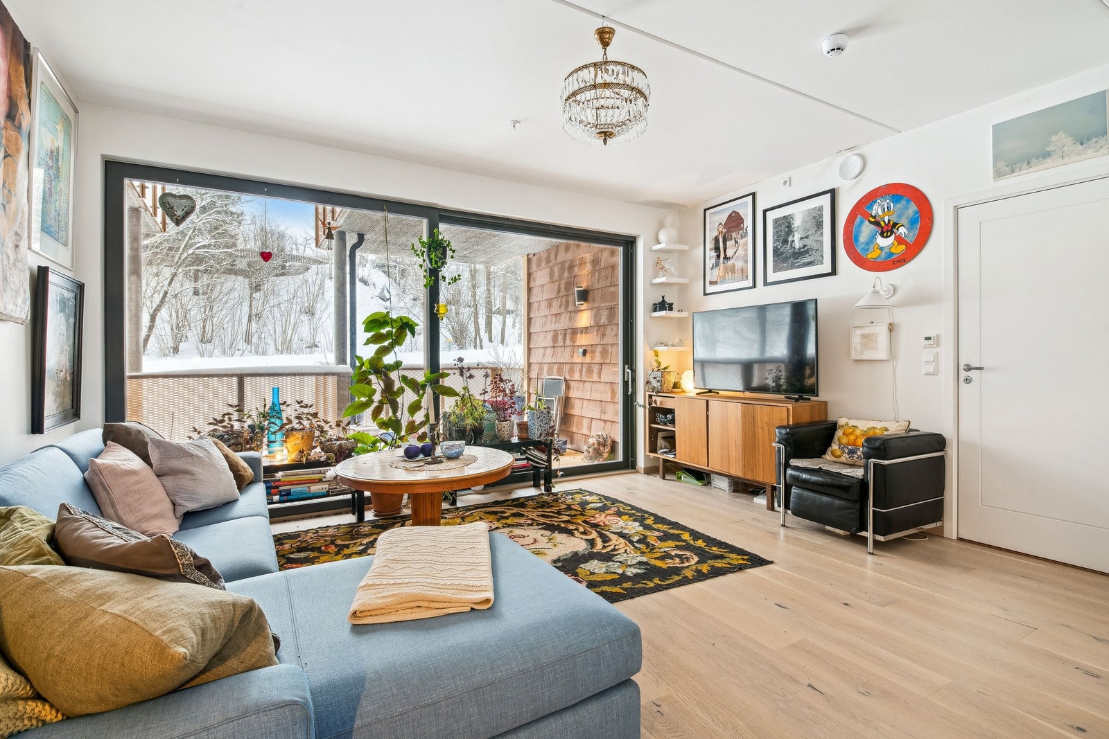 Åpen fin stue med masse lys. Galleribilde