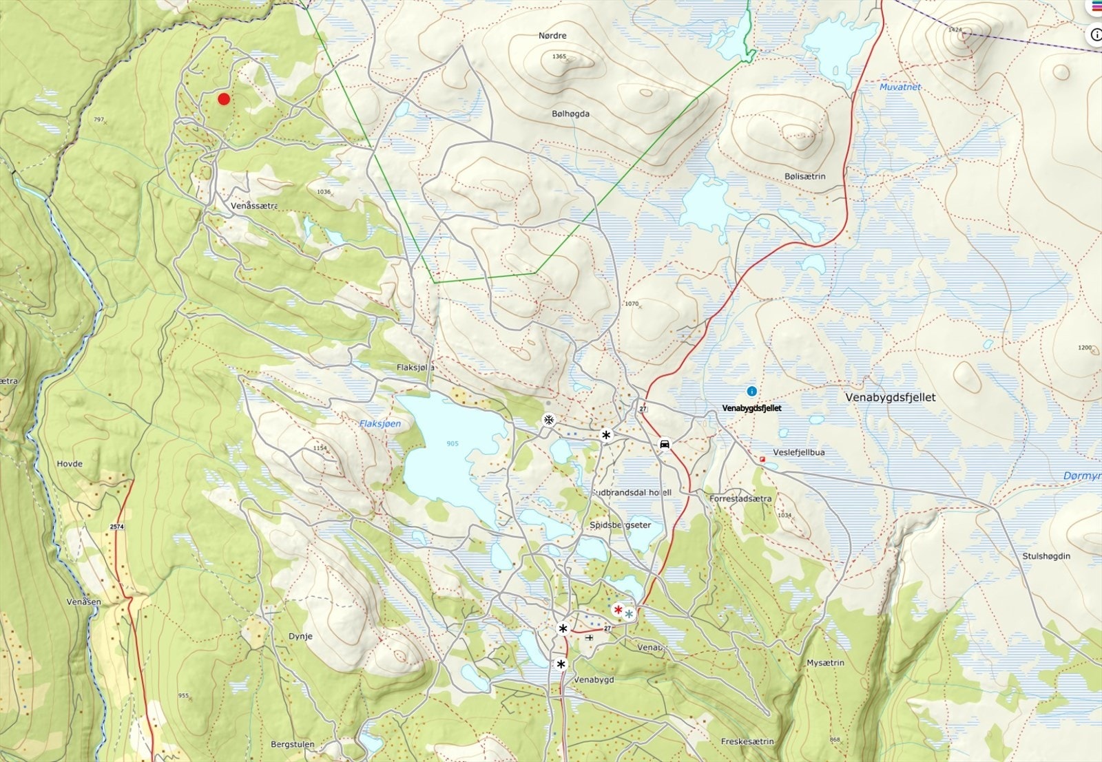 Løypekart fra løyper.net - Skardhaugen merket med rød prikk og skiløyper markert i grått. Galleribilde
