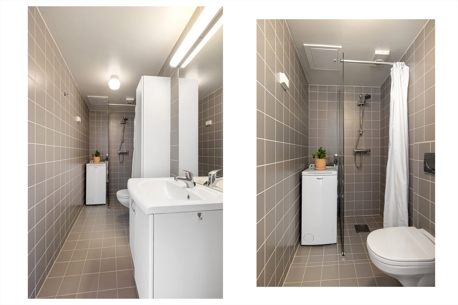 Romslig bad med opplegg for vaskemaskin, flislagte overflater og elektriske varmekabler. Galleribilde