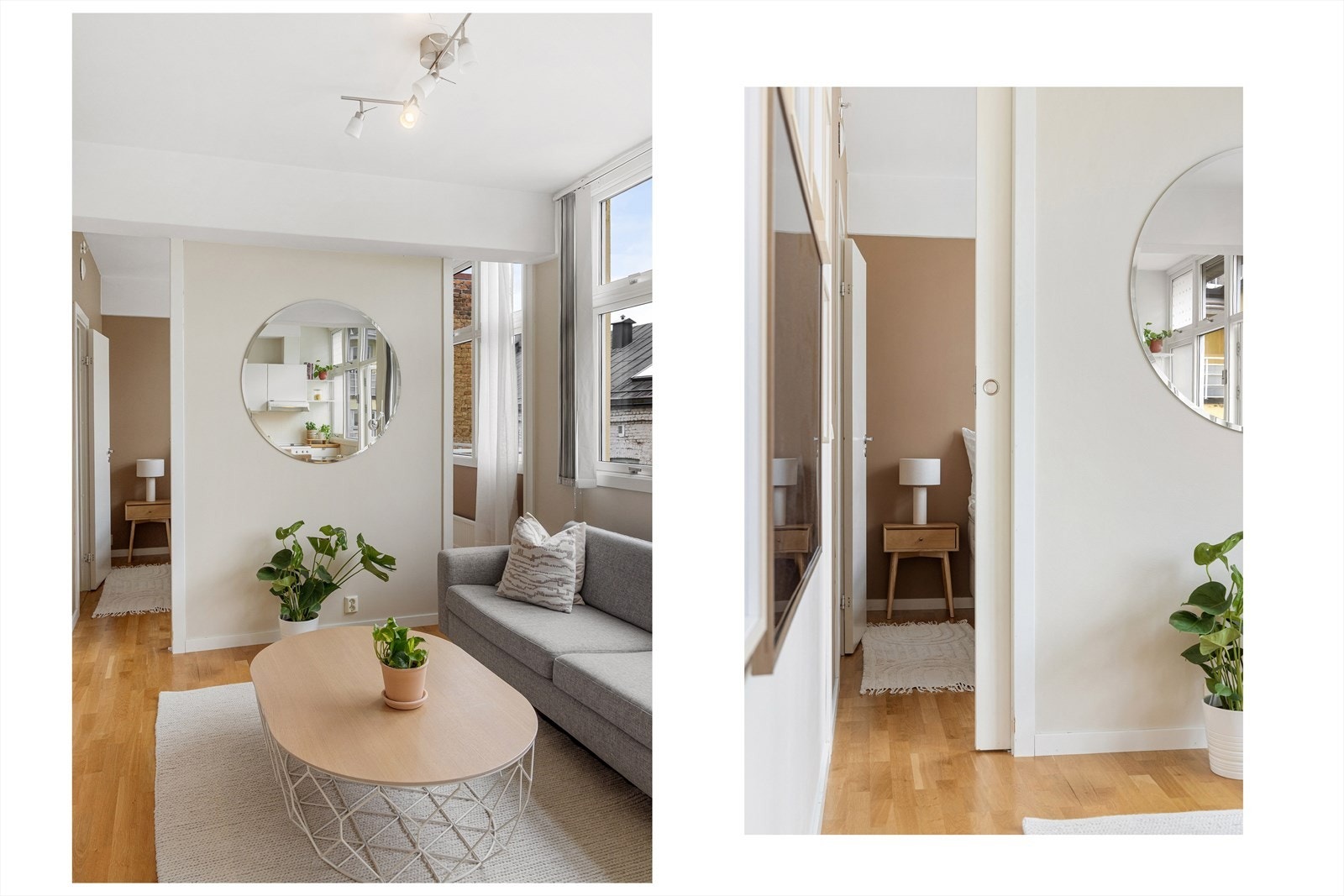 Det er plassbesparende skyvedører mellom stuen og soverommet. Galleribilde