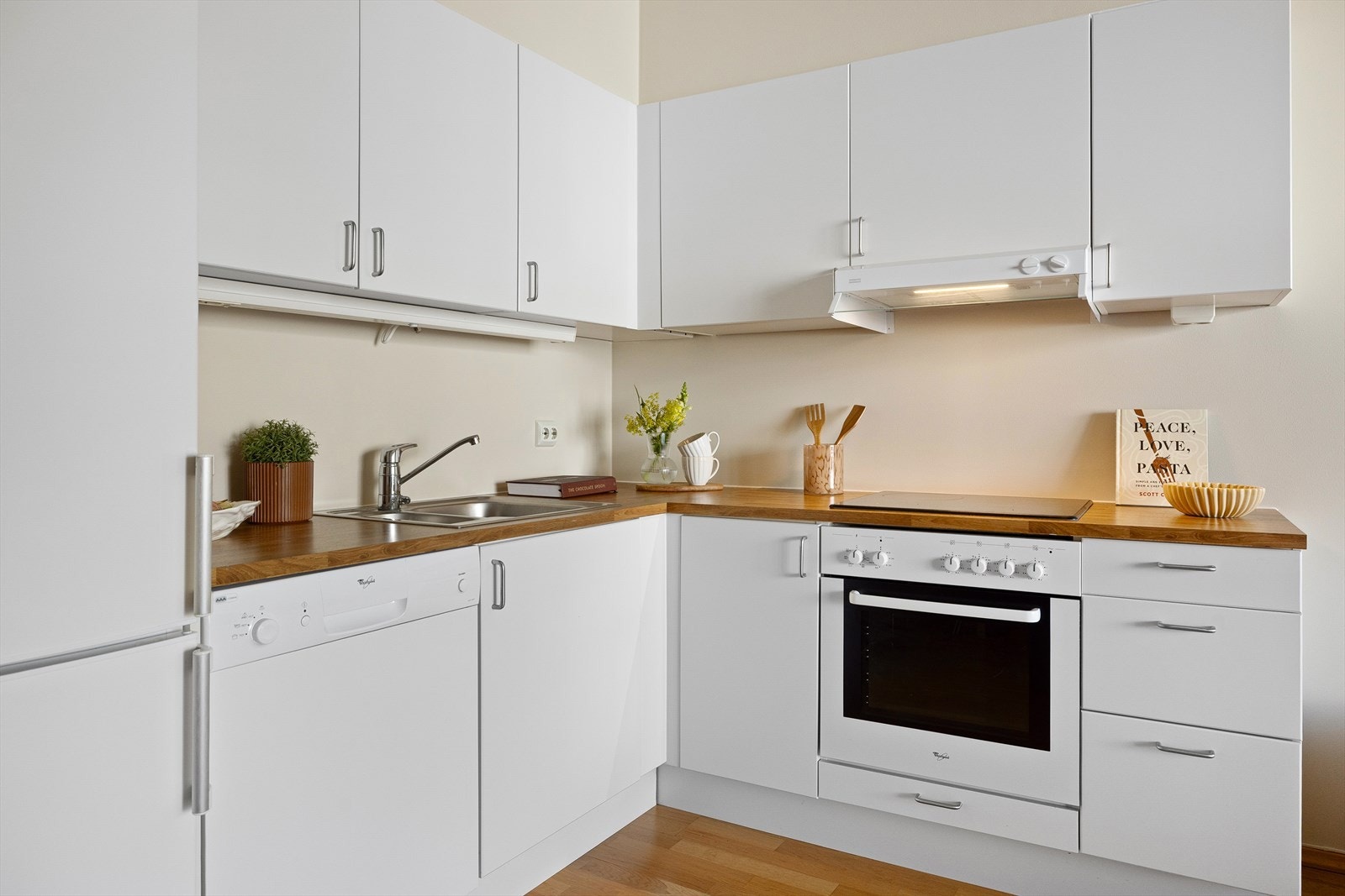 Det er integrert platetopp og stekeovn samt frittstående kombiskap og oppvaskmaskin. Galleribilde